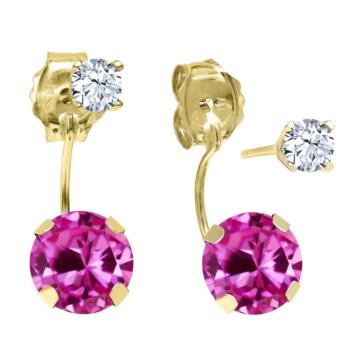 2.28 Ct Round Pink Created Sapphire & White Topaz 14K Yellow Gold Stud Earrings for Women - Elegant Dangle Jewelry Gift for Birthday, Anniversary & Special Occasions