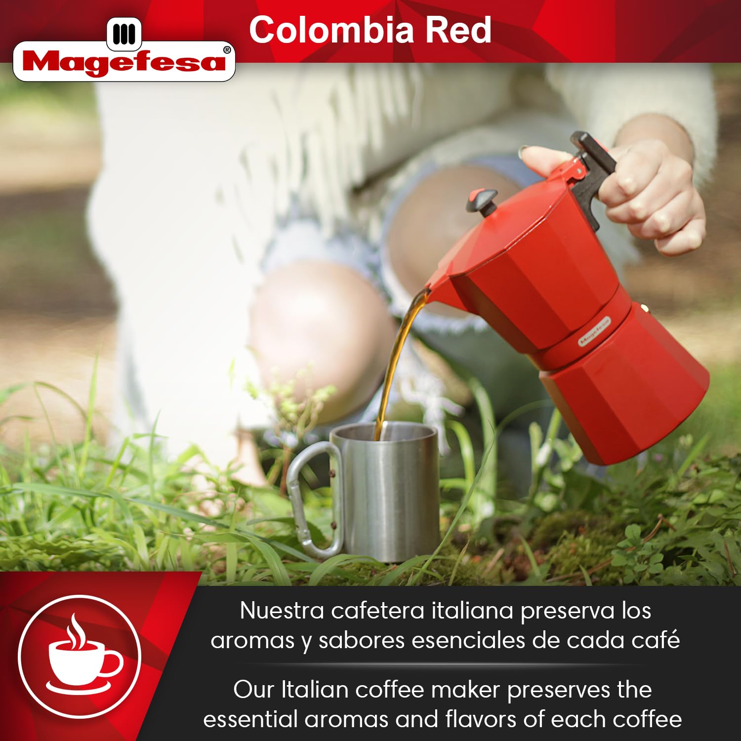 MAGEFESA Colombia Red Stovetop Espresso Moka Pot - 6 Cup (10 oz) Italian Coffee Maker for Cuban Coffee | Extra-Thick Aluminum with Heat-Resistant Handle | Safe & Easy-to-Use Greca Coffee Maker for Home, Office, Camping & Gifts