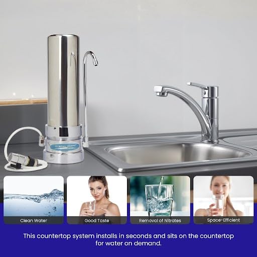Premium Nitrate Removal Countertop Water Filter System - Stainless Steel Design with Single Cartridge | Crystal Quest | Perfect for Home, Office & RV Use