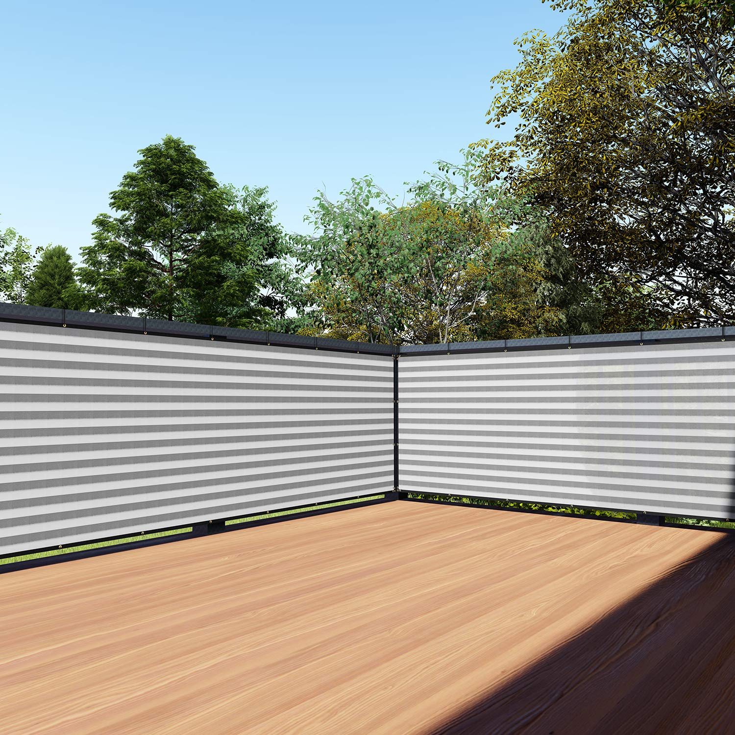 TANG 3' x 198' Gray White Stripe Balcony Privacy Screen Fence - 200GSM Weather Resistant Outdoor Deck Fence for Patio, Apartment, Porch & Backyard - Perfect for Creating Private Outdoor Spaces & Enhancing Home Aesthetics