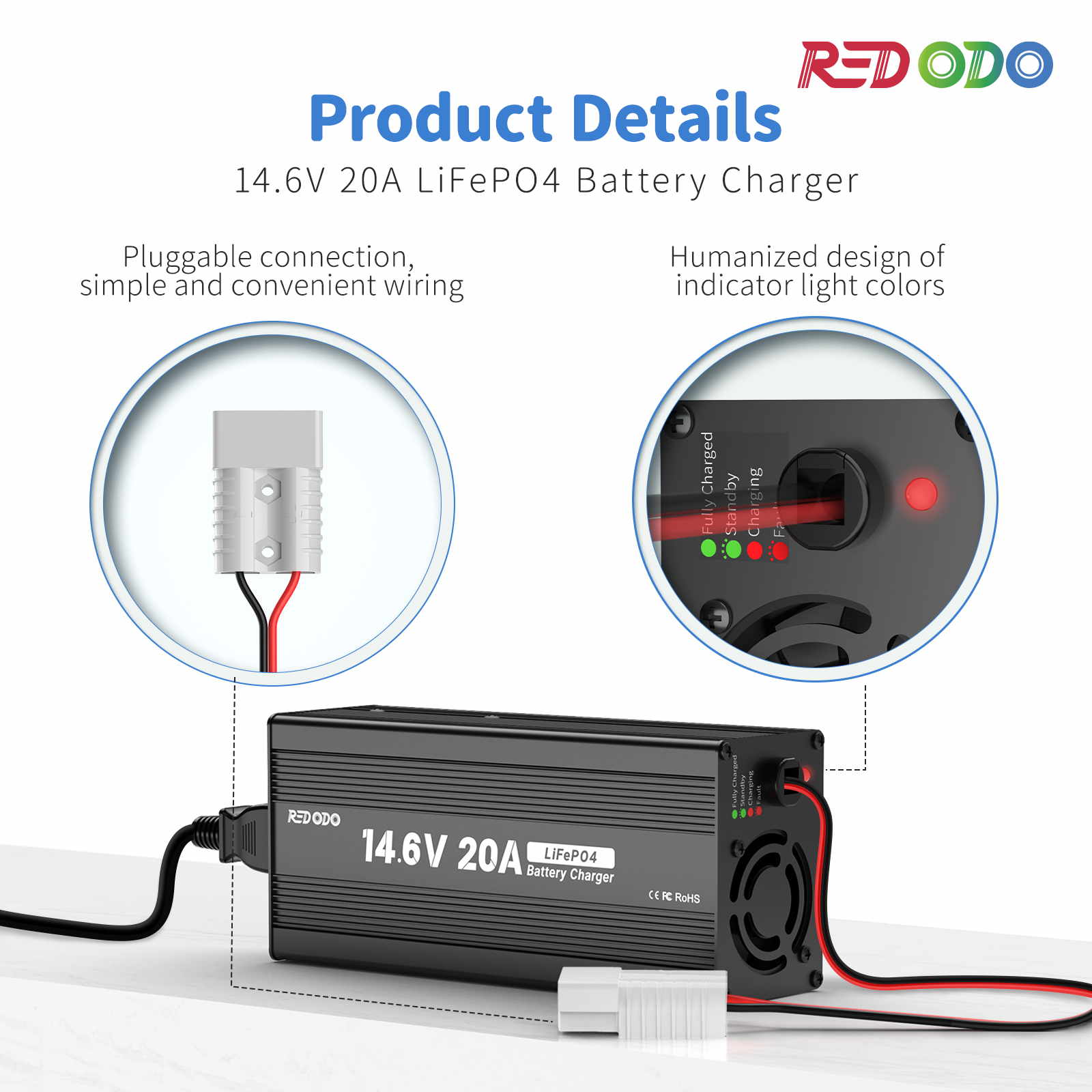 Redodo 14.6V 20A LiFePO4 Battery Charger for Golf Carts, RVs, Solar Systems - Fast Charging & Waterproof Power Supply