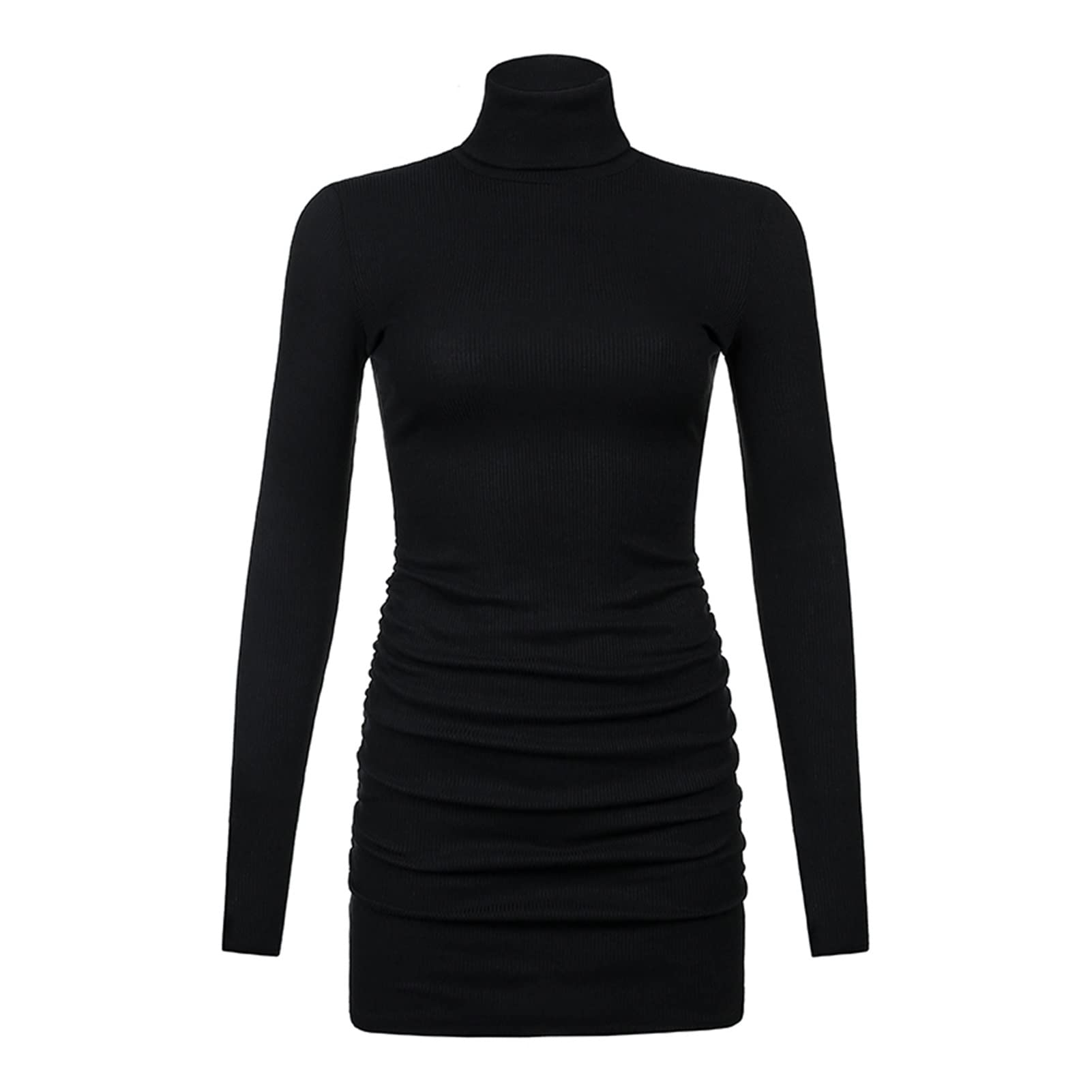 Women's Ribbed Knit Turtleneck Long Sleeve Bodycon Mini Dress - Sexy Ruched Sheath Dress for Night Out, Party & Date Night