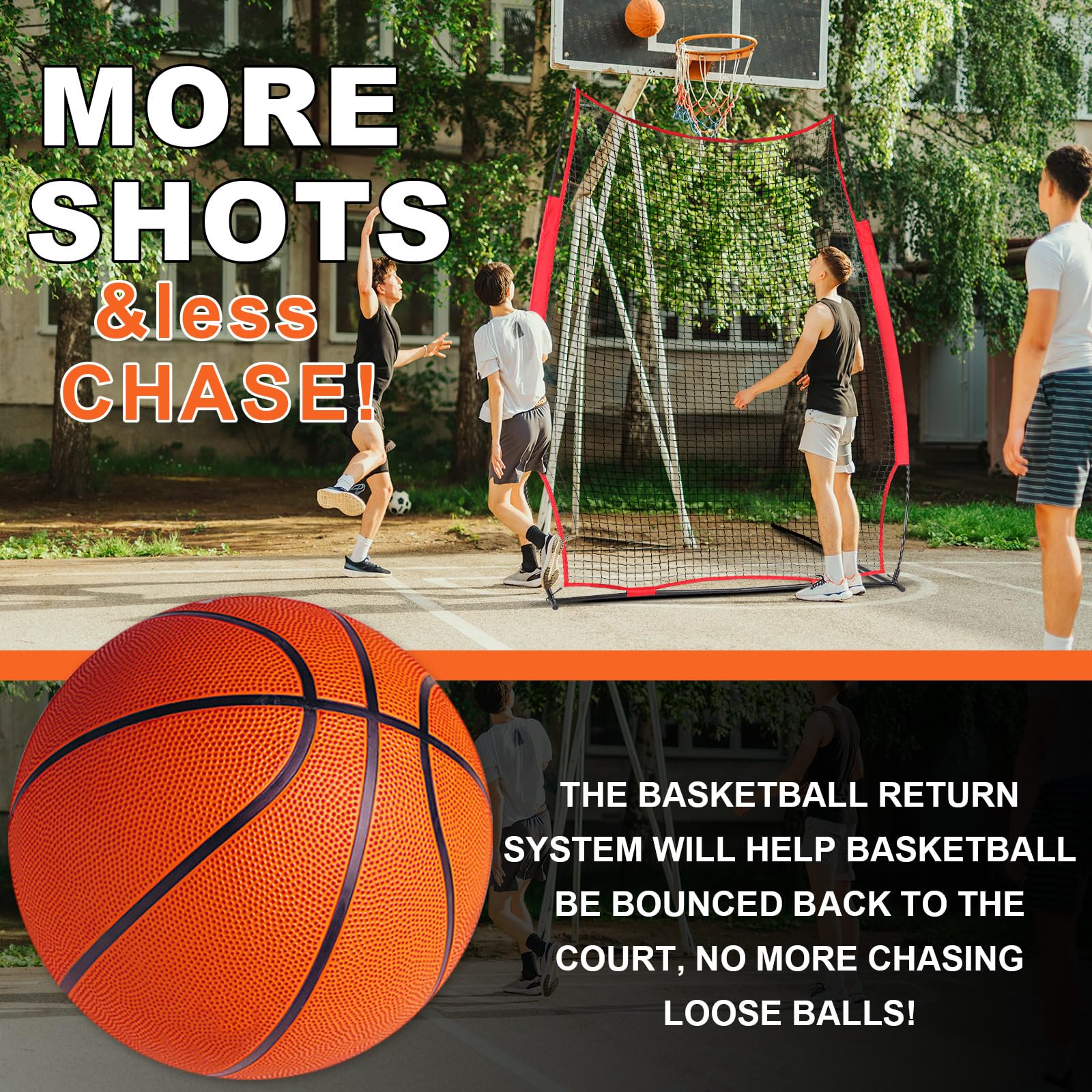 Basketball Rebounder & Return System - 6.4 x 10 ft Defensive Training Net with 6 Refillable Sandbags | Outdoor Backyard Shooting Practice | Perfect for Solo Drills, Team Training & Backyard Basketball Games