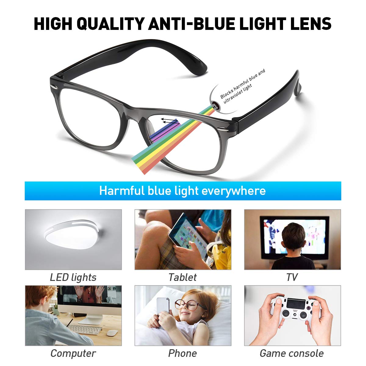 DYLB Kids Blue Light Blocking Glasses for Girls & Boys (2 Pack) - Anti Eye Strain & Headache Relief - Computer Gaming Glasses for Children Ages 3-10 (Transparent Black + Blue) - Perfect for Online Classes, Video Games & Screen Time Protection