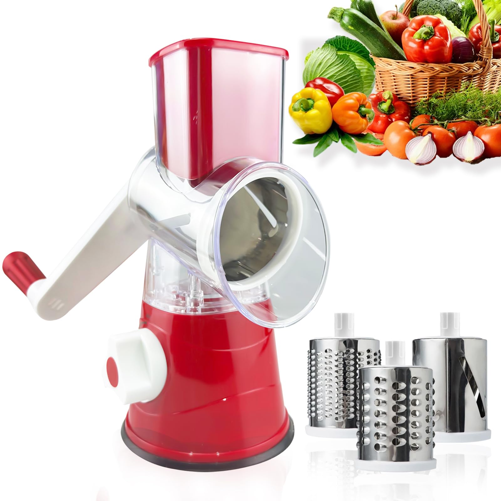 Rotary Cheese Grater - Manual Hand Crank Cheese Shredder with 3 Interchangeable Blades & Strong Suction Base - Perfect for Shredding Cheese, Vegetables, Nuts - Ideal for Kitchen, Camping, Picnics & Parties