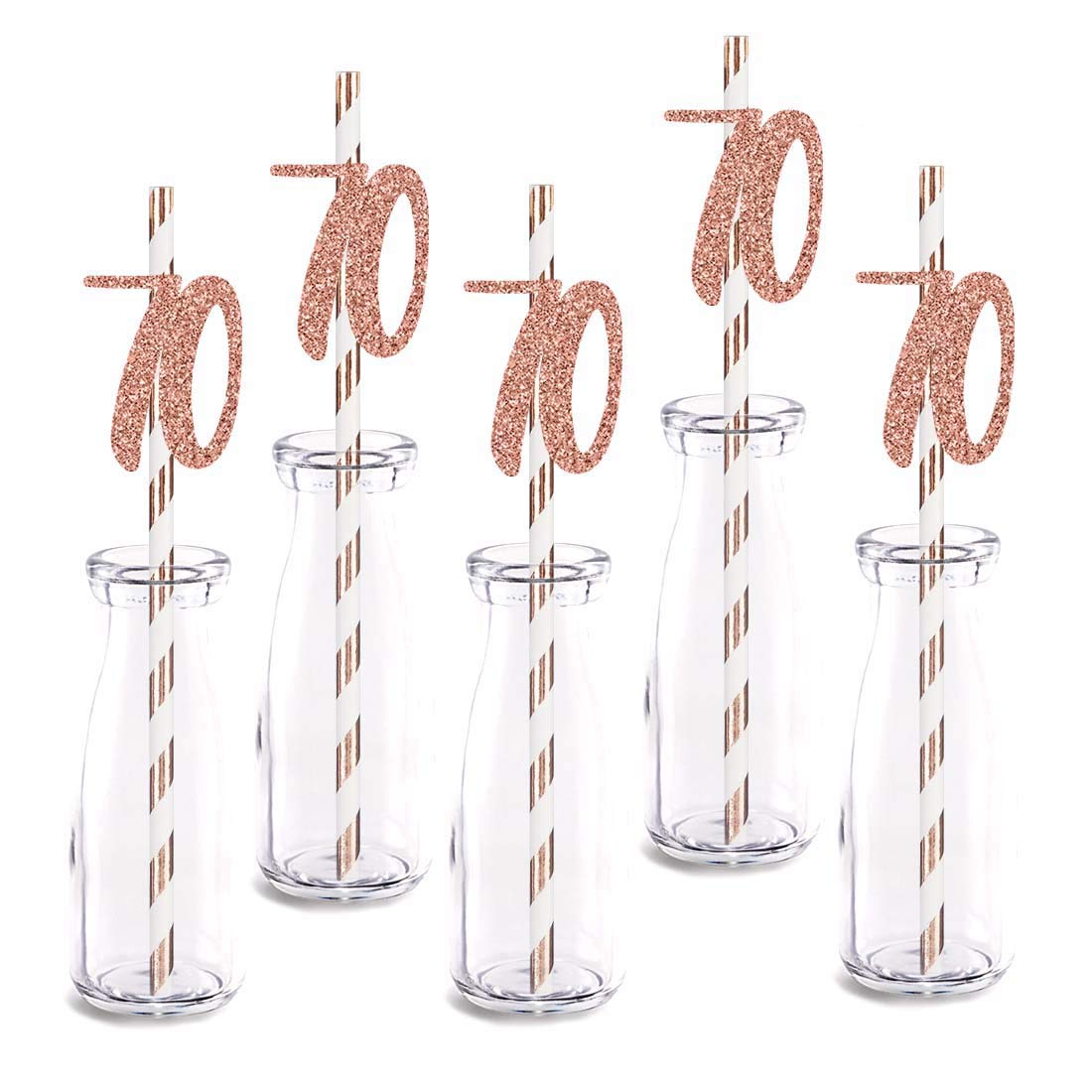 Rose Gold Glitter 70th Birthday Party Straws - 24pcs Cut-Out Number 70 Drinking Decorations for Anniversary Celebrations, Milestone Birthdays & Special Occasions