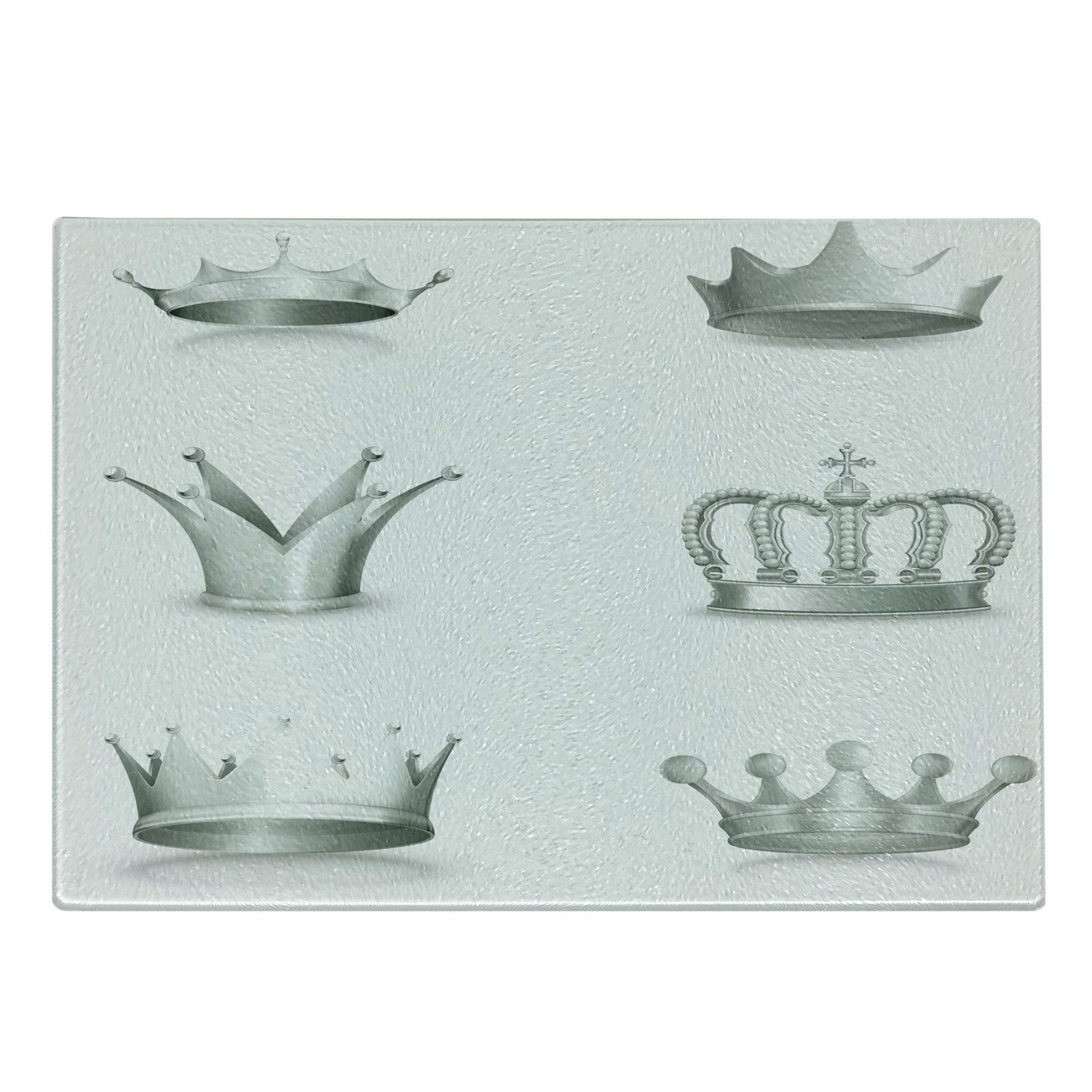 Ambesonne Vintage Crowns Themed Tempered Glass Cutting Board - Decorative Small Size Queen King Imperial Design in Pale Green & White - Perfect for Cheese, Charcuterie & Serving Appetizers