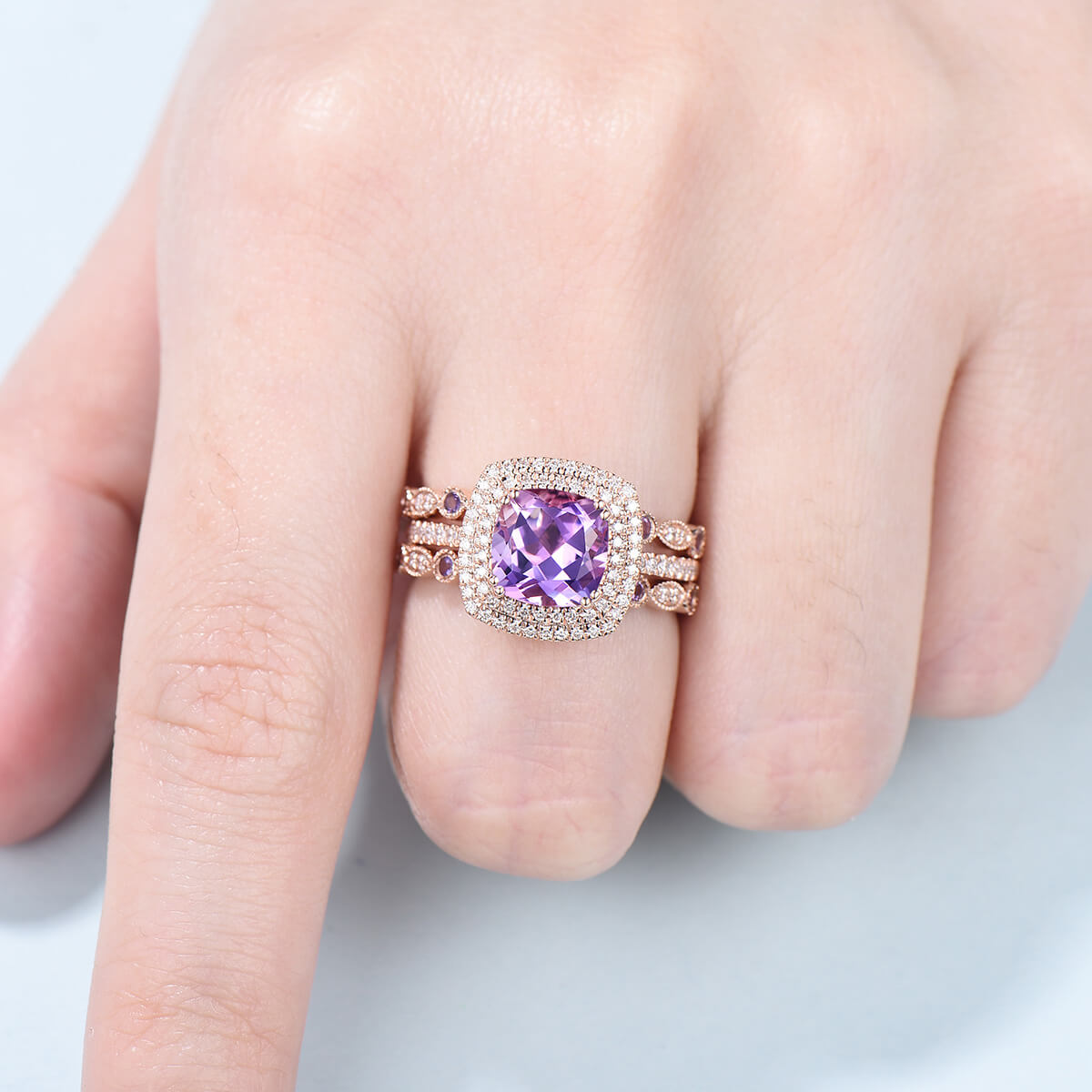 Amethyst Diamond Wedding Ring Set in Rose Gold - Vintage Double Halo Engagement Ring for Women, Anniversary Gift - Perfect for Bridal Jewelry, Wedding Bands & Special Occasions