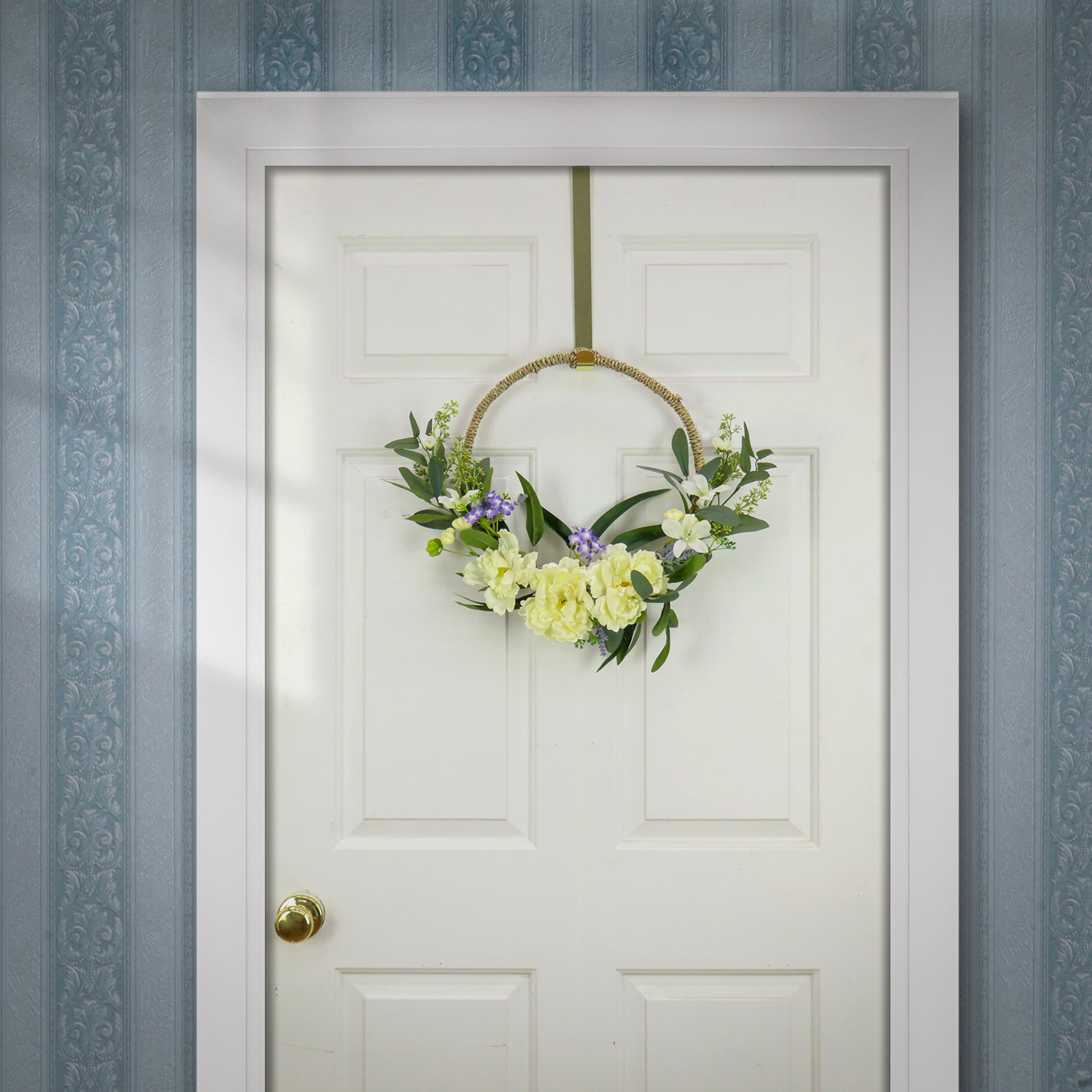 18 Inch Spring Floral Wreath with Peony Flowers, Mini Blossoms & Green Stems - Perfect for Front Door Decor, Easter Decorations & Spring Home Decor