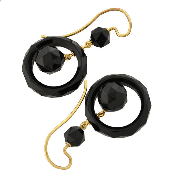 Victorian Style 14K Gold Faceted Onyx Ball & Ring Drop Earrings - Elegant Vintage Jewelry for Weddings, Parties & Special Occasions