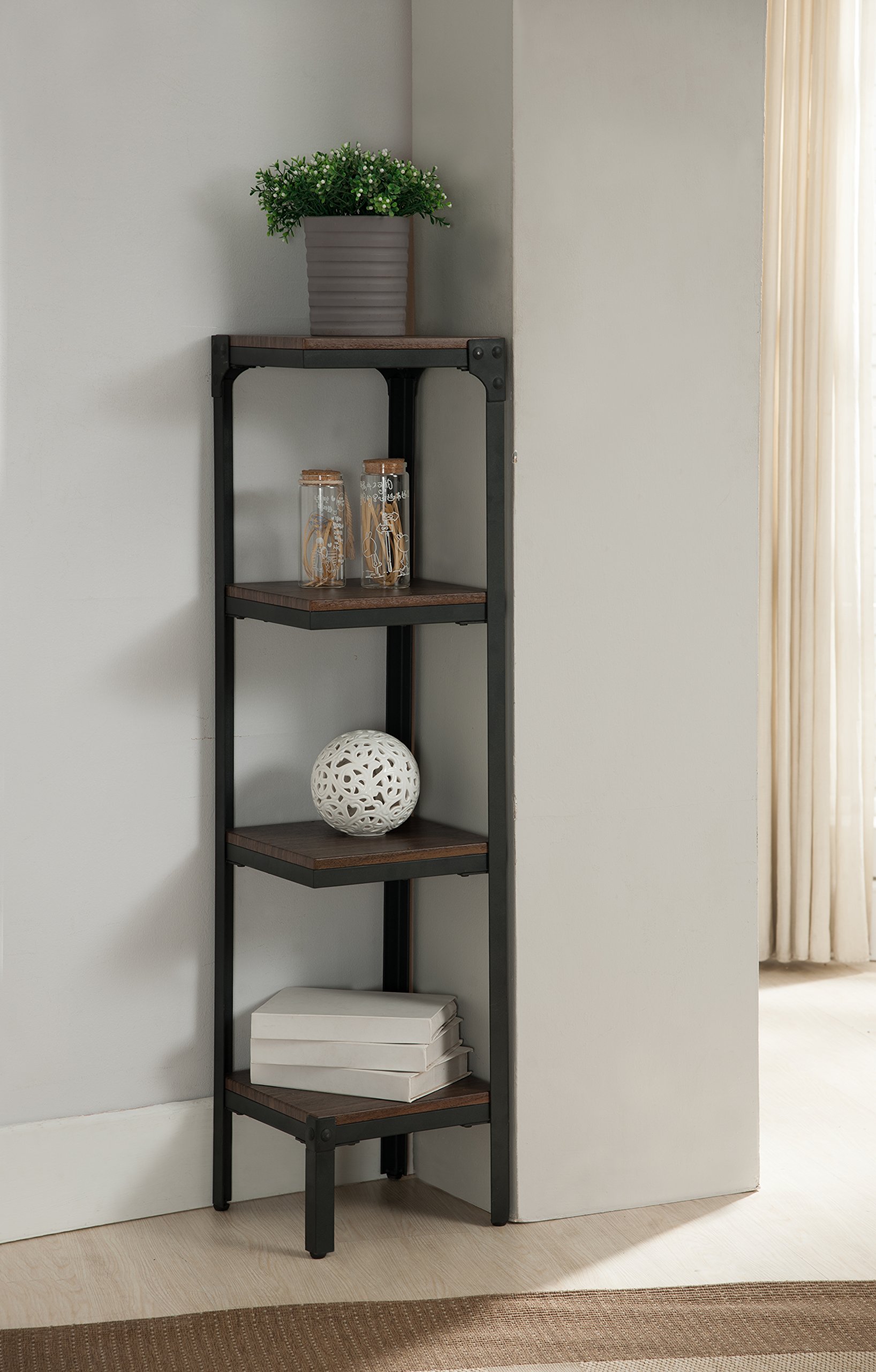Kings Brand Furniture 4 Tier Antique Finish Corner Bookshelf - Vintage Style Wooden Bookcase for Living Room, Bedroom & Office Storage | Space-Saving Home Decor Organizer