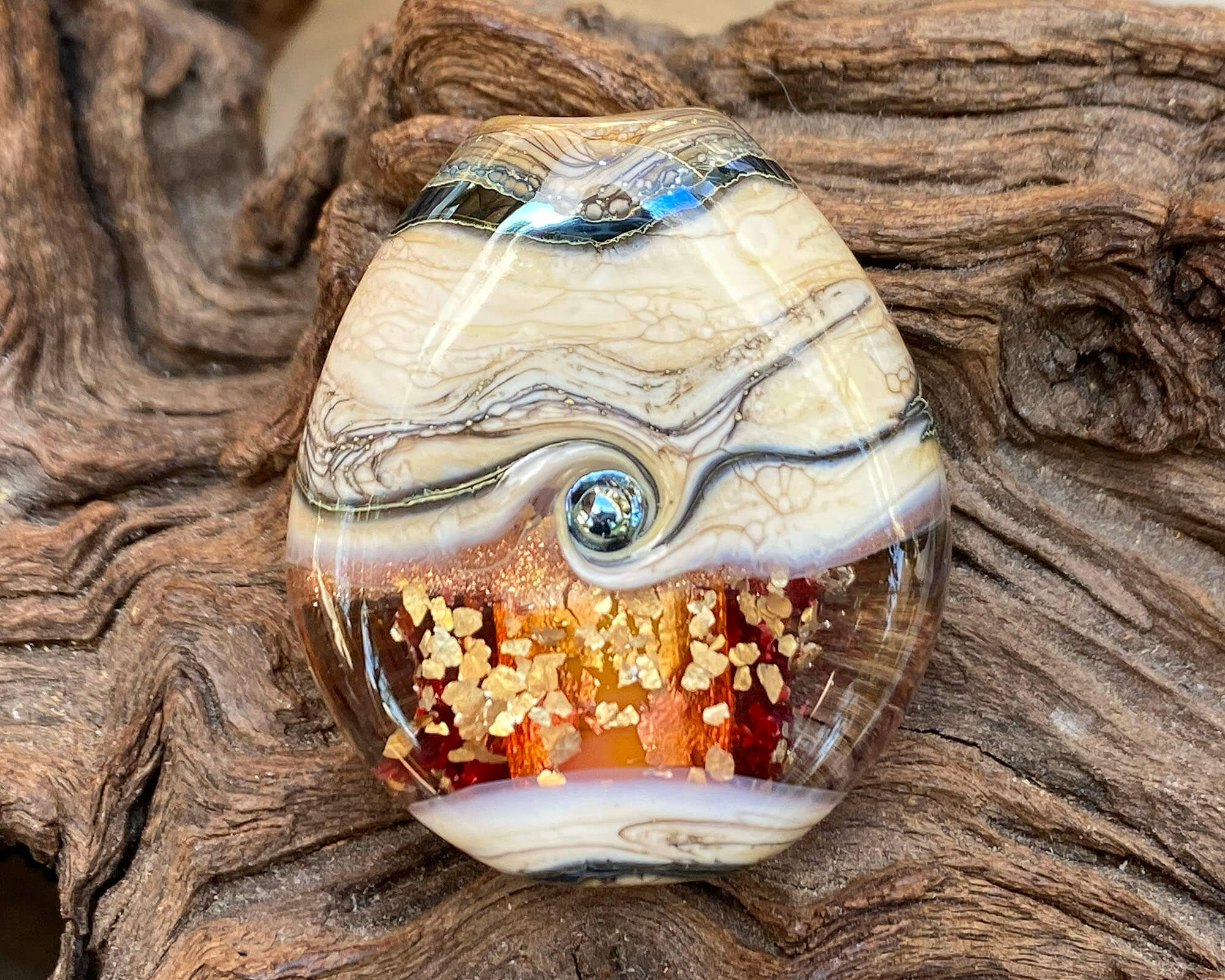 Handmade Golden Fire Organic Lampwork Glass Focal Bead - SRA Certified Artisan Jewelry Bead for Necklace, Bracelet & DIY Craft Projects