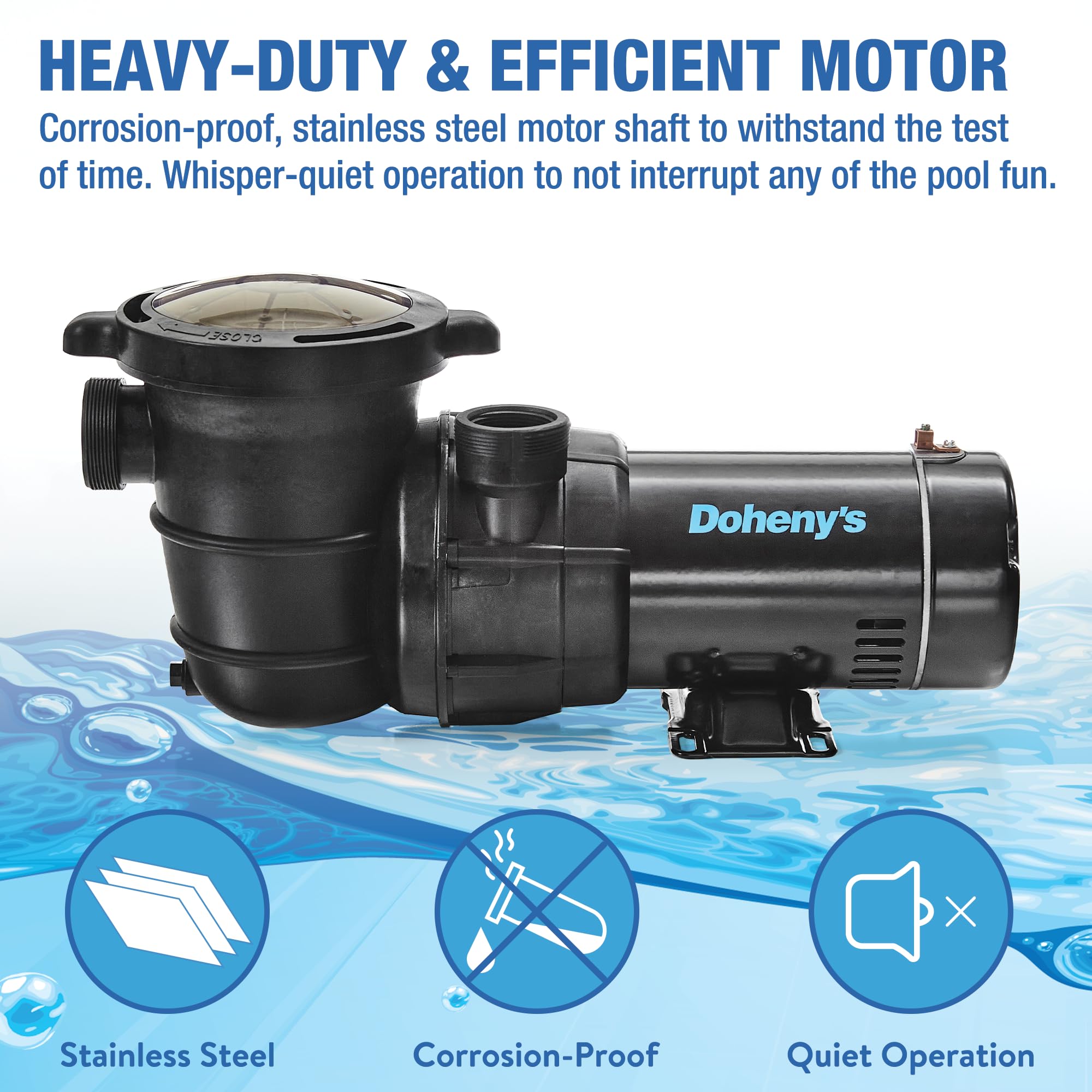 Doheny's 1 HP Above Ground Pool Pump - 115V, 75 GPM (0.9 THP) - Stainless Steel Shaft & Reinforced Thermoplastic - Low Noise & High Efficiency - 1.5