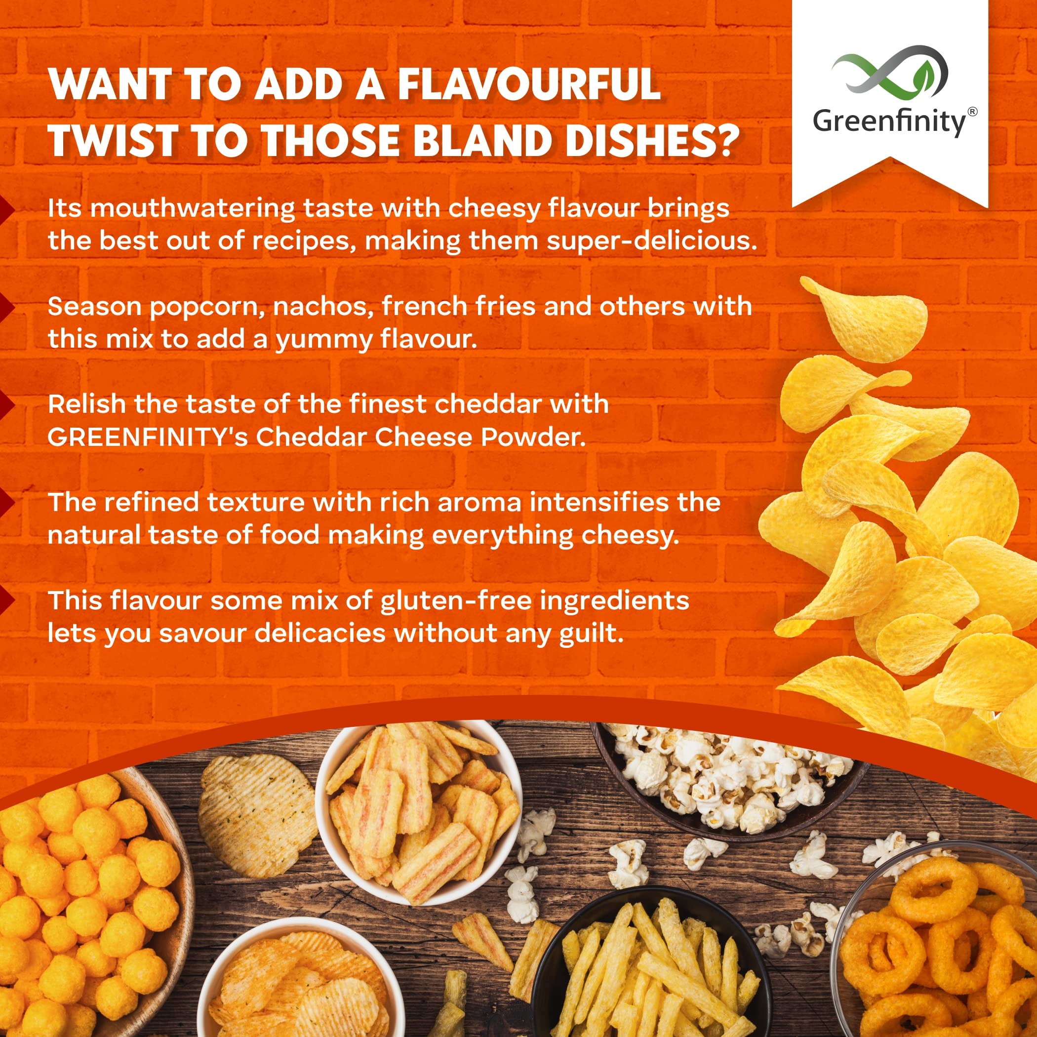 GreenFinity Cheddar Cheese Powder 250g (Pack of 1) - Premium Cheese Powder for Popcorn, Pizza, Pasta & Fries | Rich Cheddar Flavor | Perfect for Snacks, Cooking & Baking at Home
