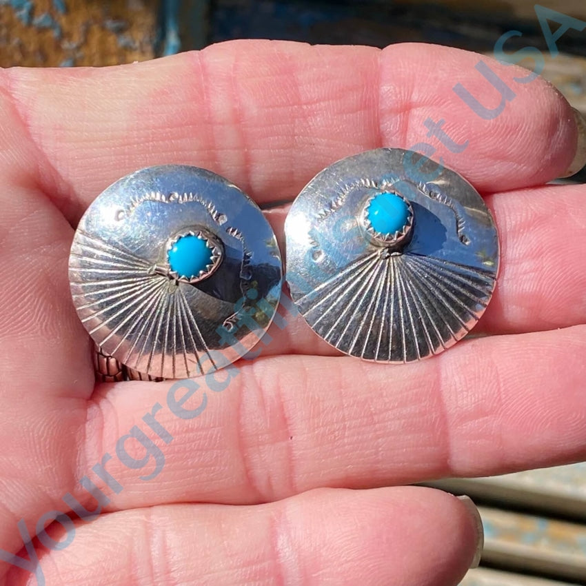 Sterling Silver Turquoise Earrings with Navajo Stamp Design - Handmade Native American Jewelry for Women, Boho Chic Accessories for Everyday Wear & Special Occasions