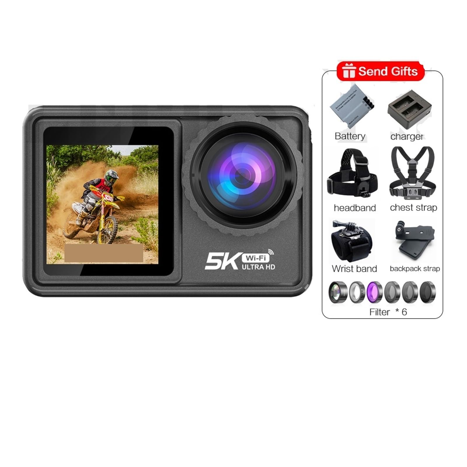 5K 4K 60FPS Action Camera with Interchangeable Lens | 48MP Zoom & Electronic Stabilizer | WiFi Vlogging Camera (64GB Included) | Perfect for Outdoor Adventures, Travel Vlogging & Sports Recording
