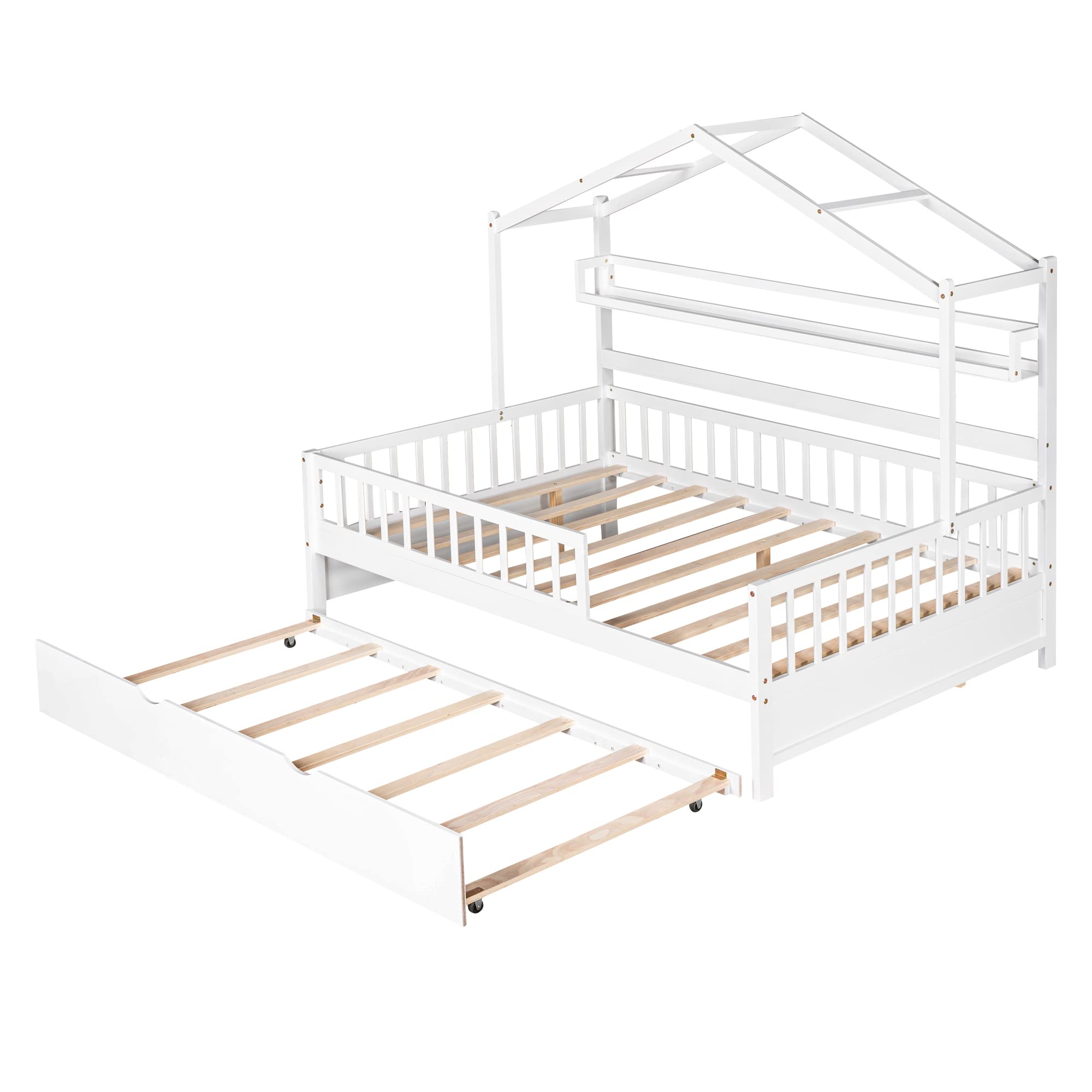Wooden House Bed with Trundle - Kids Twin/Full Size Bed Frame with Built-in Shelf, Full-Length Safety Guardrail & Roof Design - No Box Spring Needed - White - Perfect for Bedroom, Playroom & Nursery Decor