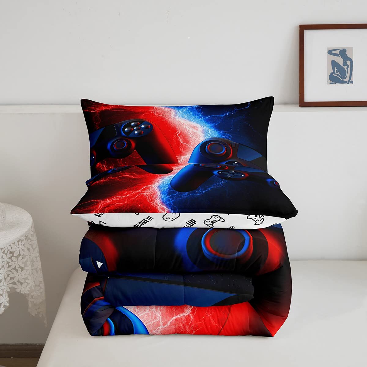 Erosebridal Full Bedding Set - Gaming Comforter Set for Boys & Kids | Red & Blue Video Game Themed Bedding | Perfect for Teen Gamer Rooms, Toddler Beds & Sleepovers