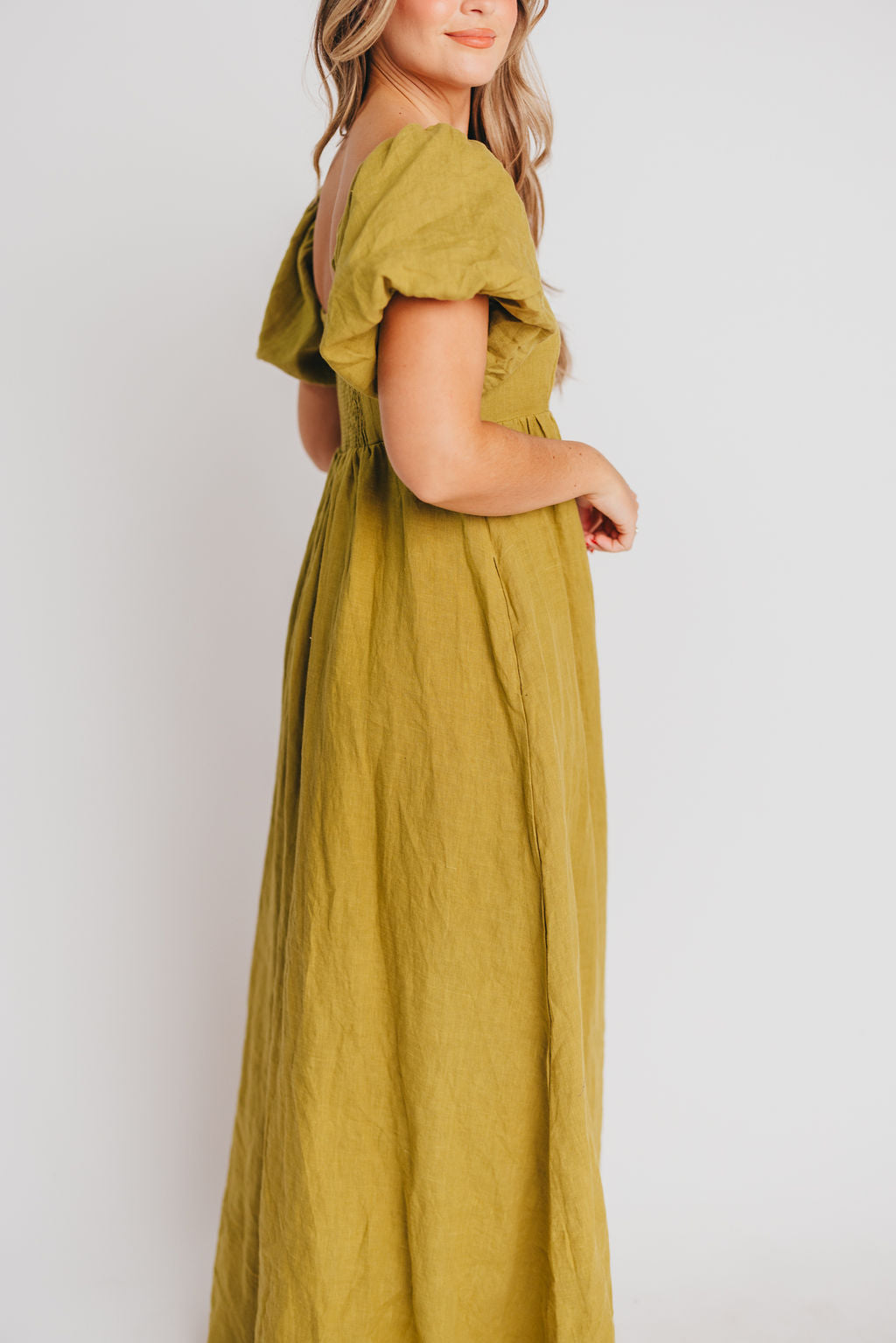 Candace Maxi Dress in Olive - 100% Linen Bump Friendly Maternity Dress for Women - Perfect for Summer, Beach, and Casual Outings