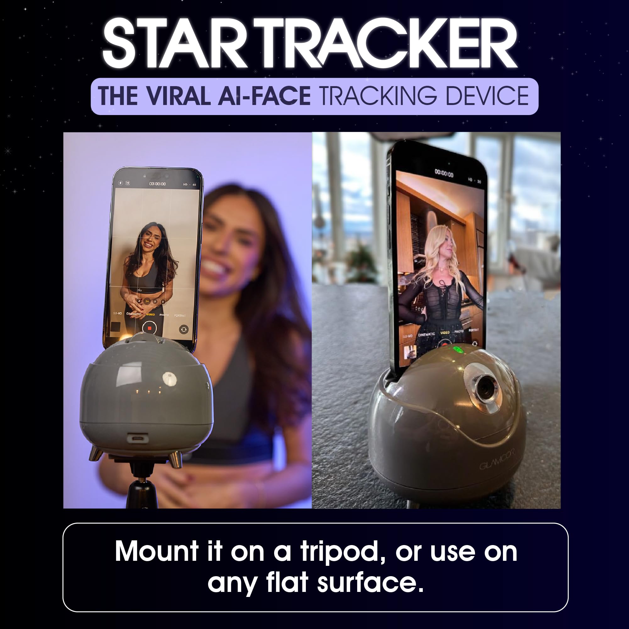 GLAMCOR Star Tracker - 2-Axis AI Auto Face Tracking Camera Mount for DSLR, iPad & Glamcor Lights | No App Required | Pink Media Attachment | Perfect for Live Streaming, Vlogging & Photography