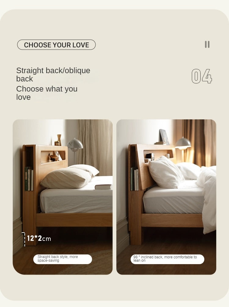 Solid Oak and Beech Wood Bed with Built-in LED Lights and Bookshelf - Modern Bedroom Furniture for Small Spaces, Lofts, and Studio Apartments