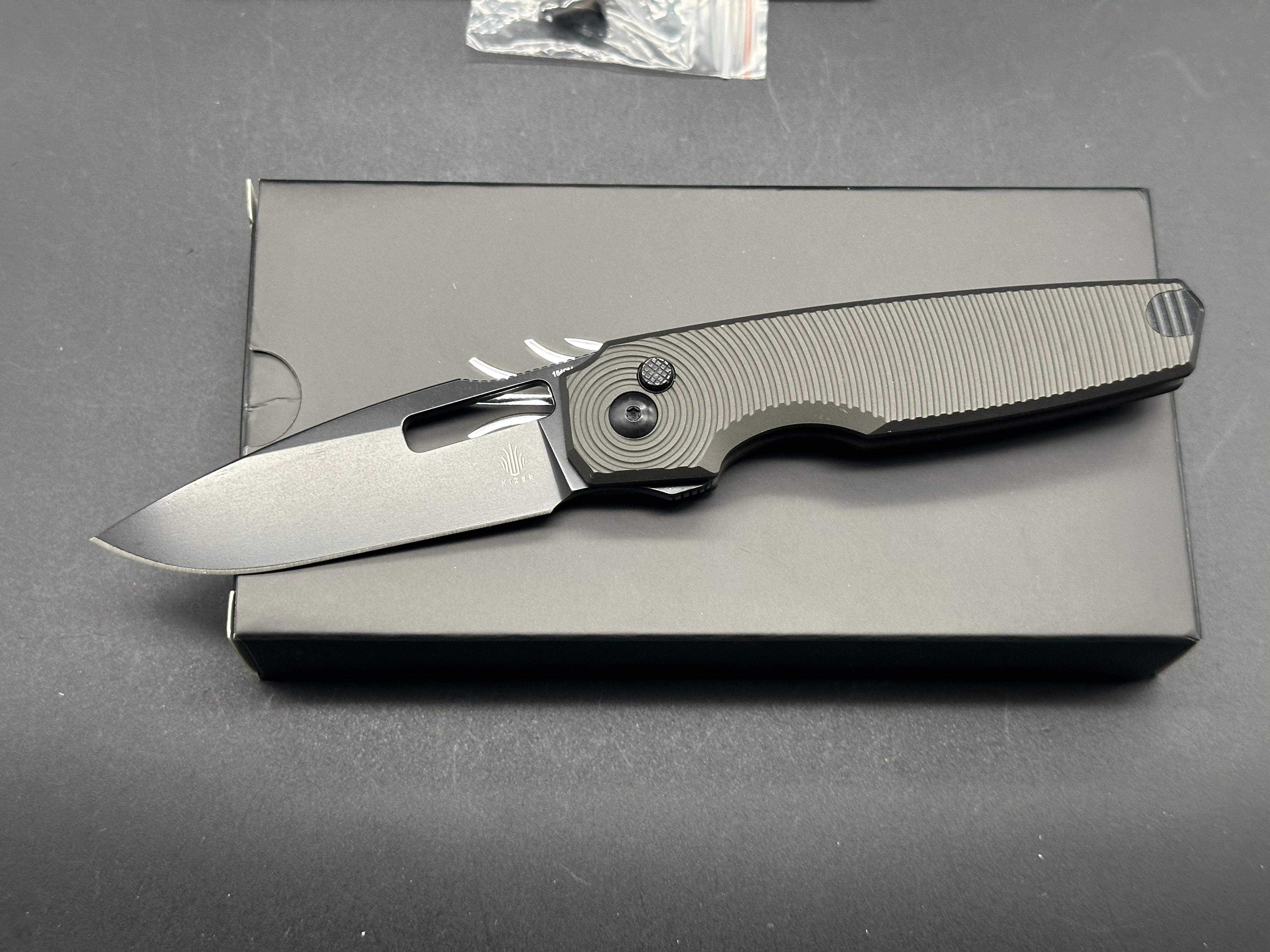 KIZER DOGFISH Button Lock Folding Knife - Black Aluminum Handle, 154CM Drop Point Plain Black Blade (V3640C1) - EDC, Outdoor Camping, Hiking & Survival Tool