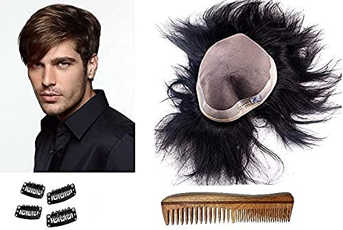 Premium Glan Natural Black USA Base Human Hair Toupee for Men - Realistic Hair System & Hair Patch - Multiple Styles Available + Free Neem Wood Comb & 4 Hair Patch Clips (9X6) - Perfect for Hair Loss Solutions, Cosplay & Daily Wear