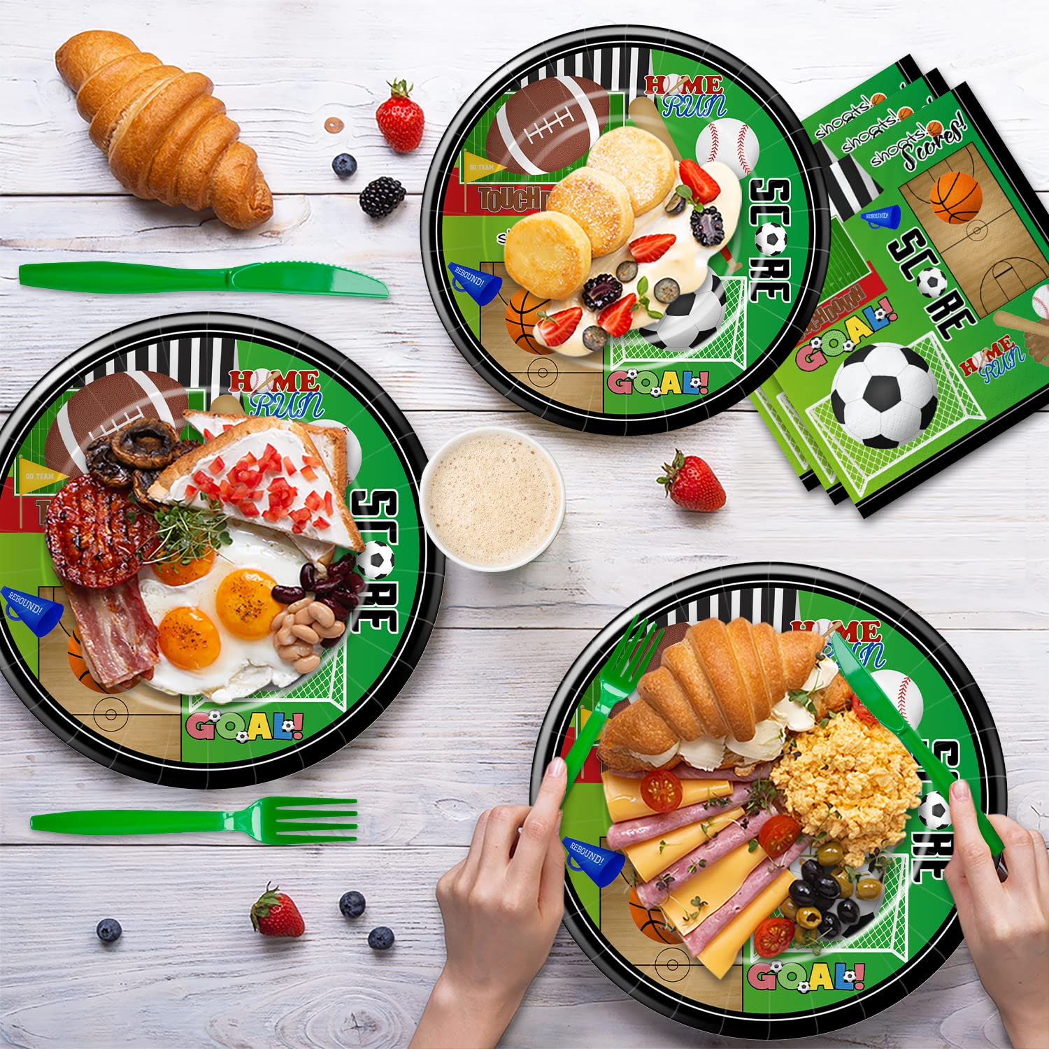 Xigejob Sports Theme Birthday Party Supplies - 24-Pack Plates, Cups, Napkins, Tablecloth & Forks Set | Soccer Basketball Baseball Football Decorations | Perfect for Sports Themed Parties, Game Nights & Team Celebrations