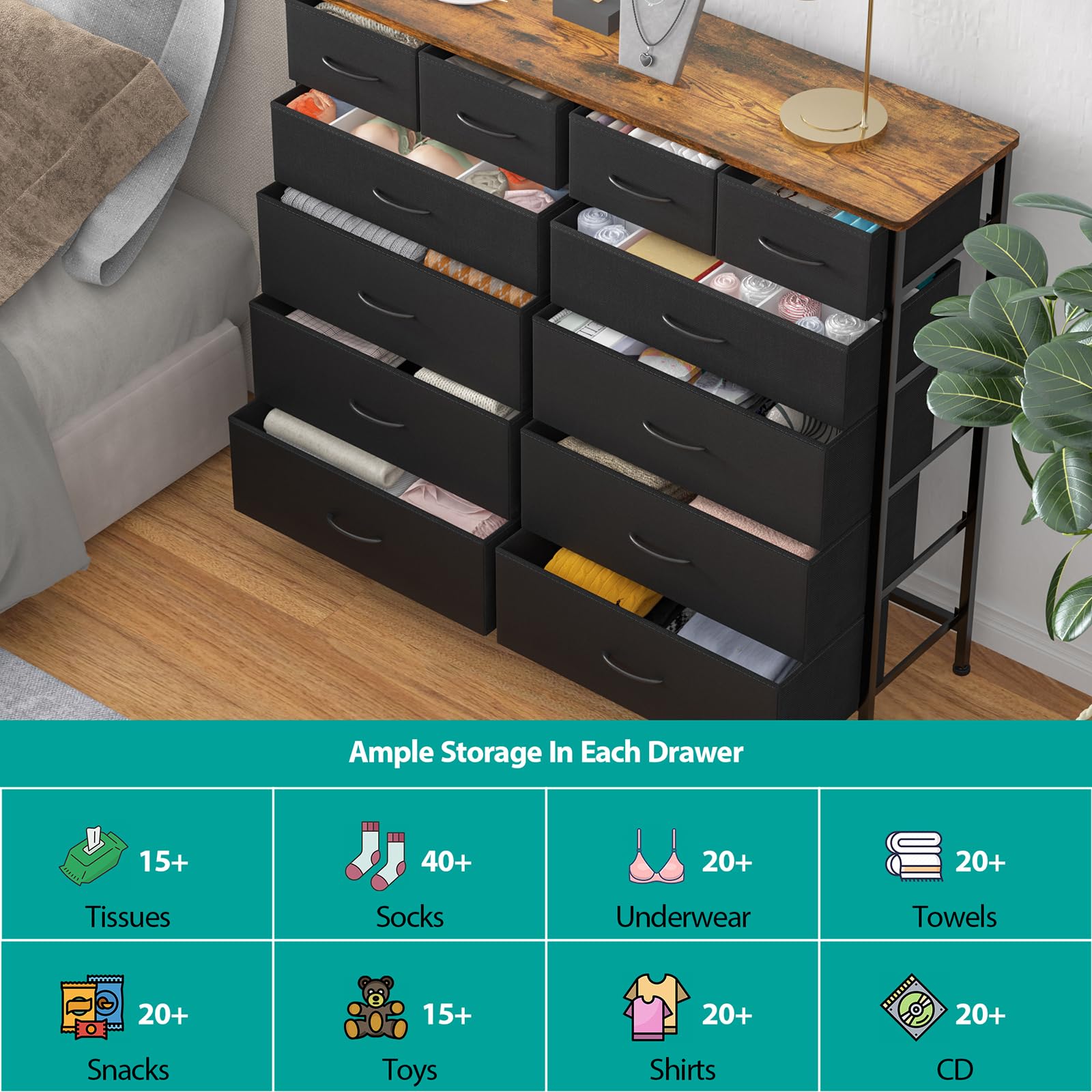 12-Drawer Tall Fabric Dresser for Bedroom - Compact Chest of Drawers for Closet, Nursery, Bedside | Perfect for Living Room, Laundry, Entryway & Hallway Storage Organization