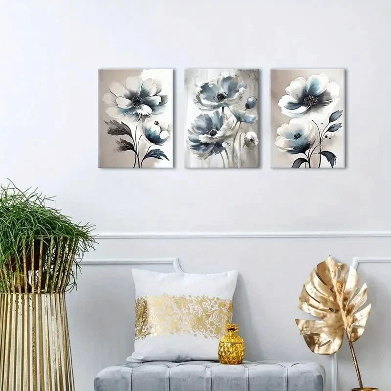 3-Piece Abstract Blue and White Wildflower Metal Wall Art - Ready to Hang Canvas Prints for Living Room, Bedroom & Office Decor