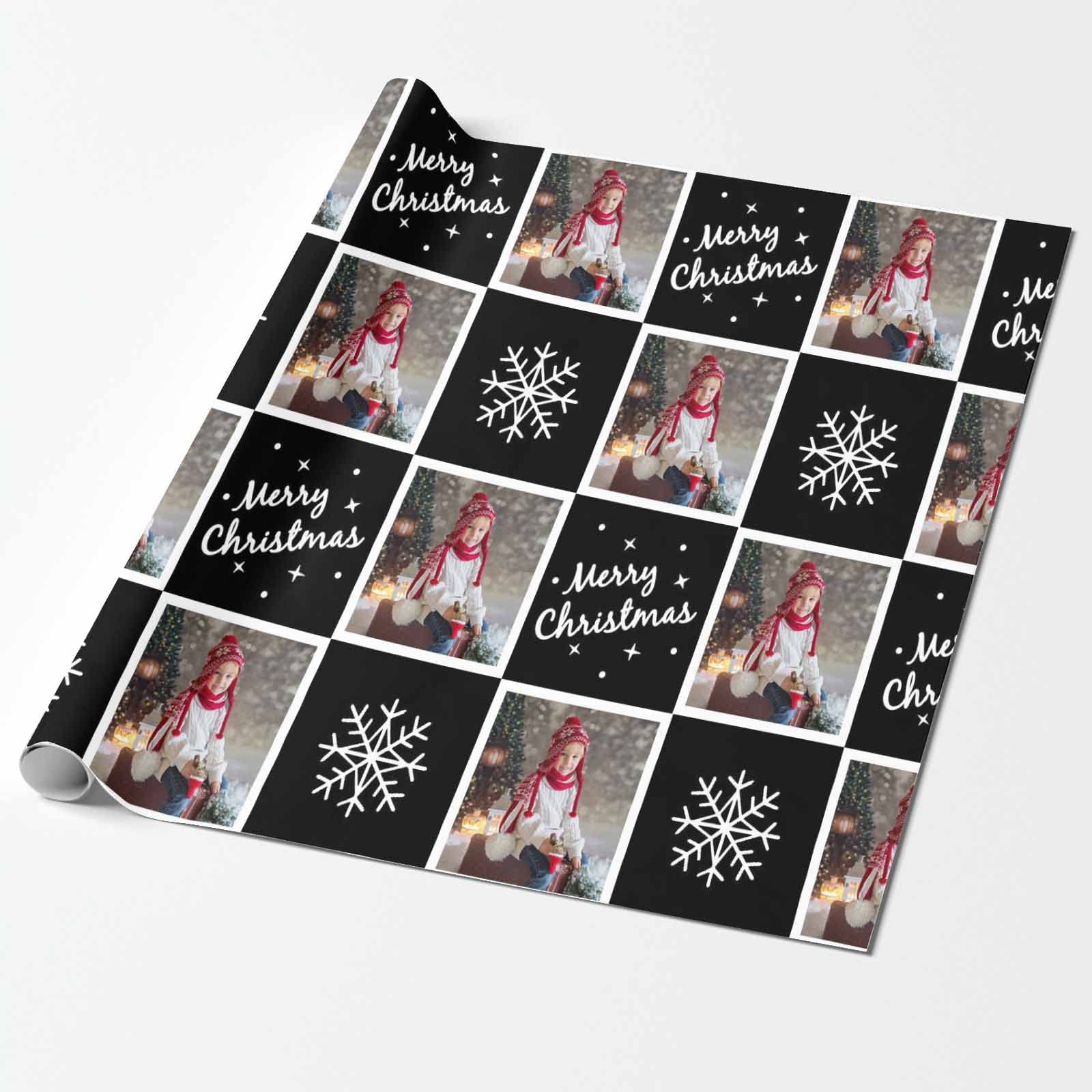 MyPupSocks Custom Photo Wrapping Paper - Personalized Christmas Snowflake Black Gift Wrap Roll (58x23 inches) for Kids, Boys & Girls - Perfect for Birthday, Anniversary & Holiday Presents - 5 Rolls - Great for DIY Gifts, Party Decorations & Special Occasions