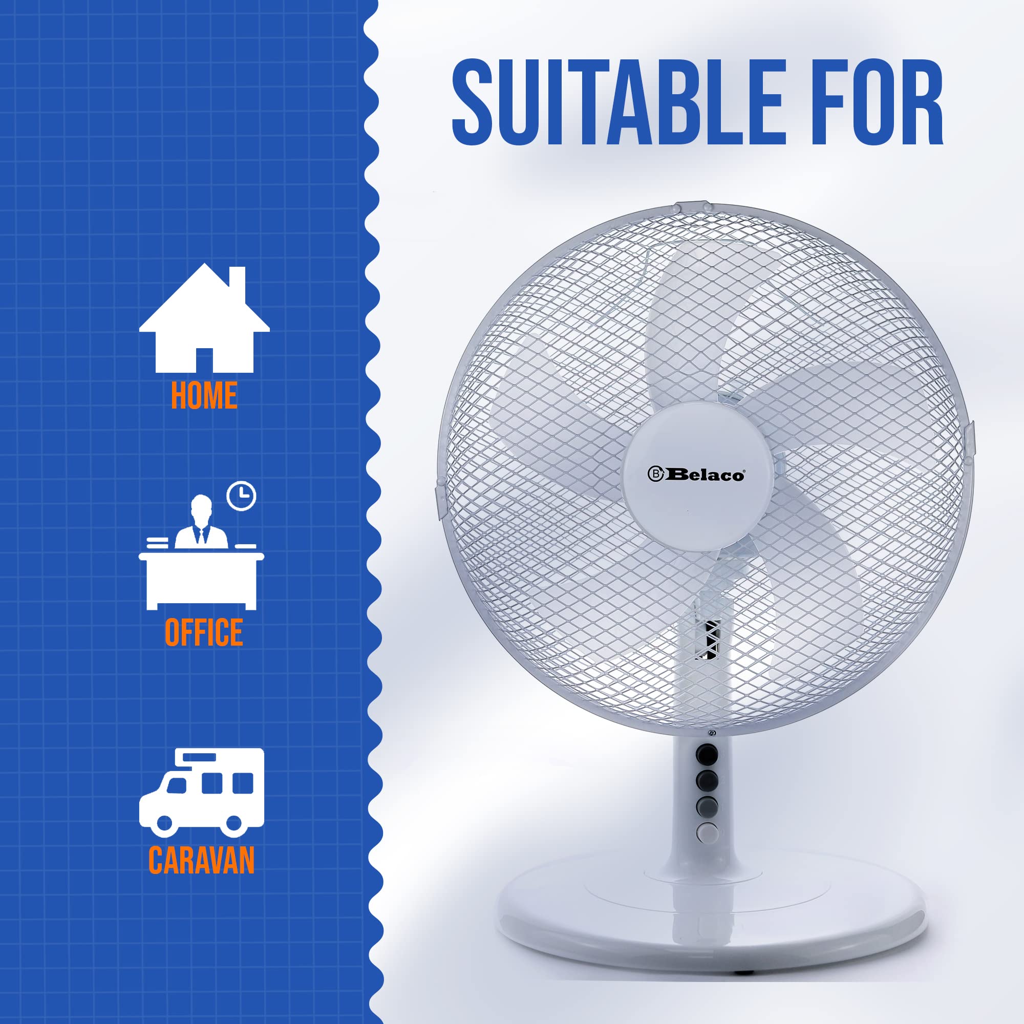 Belaco 12 Inch 3-Speed Oscillating Table Fan - Quiet Desk Fan with Sturdy Base & Safety Mesh for Home, Office, Dorm, Bedroom - White | Perfect for Cooling Workspaces, Living Rooms & Small Spaces