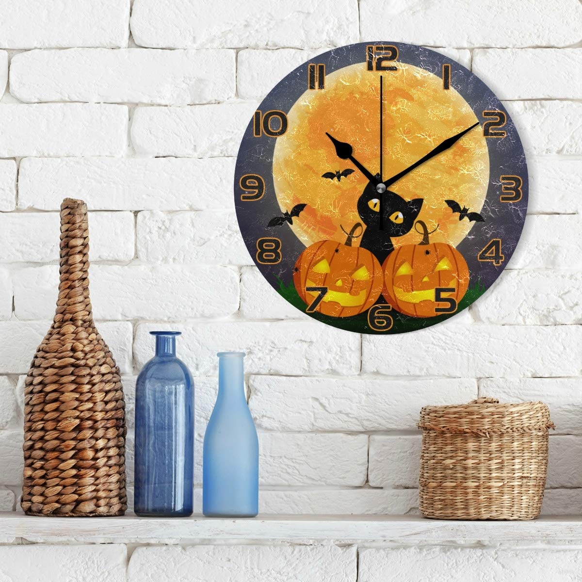 Happy Halloween Pumpkins Moon Cat Wall Clock - Silent Non-Ticking Battery Operated Clock for Kids Room, Home Office, Bedroom & Living Room Decor - Perfect for Halloween Party, Nursery & Seasonal Home Decoration