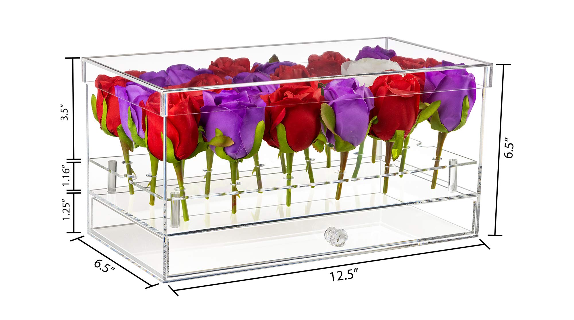 Clear Acrylic Flower Display Case with Drawer - 18 Hole Wedding Centerpiece & Home Decor Organizer - Perfect for Bridal Bouquet Preservation, Tabletop Decor, and Jewelry Storage (A094)