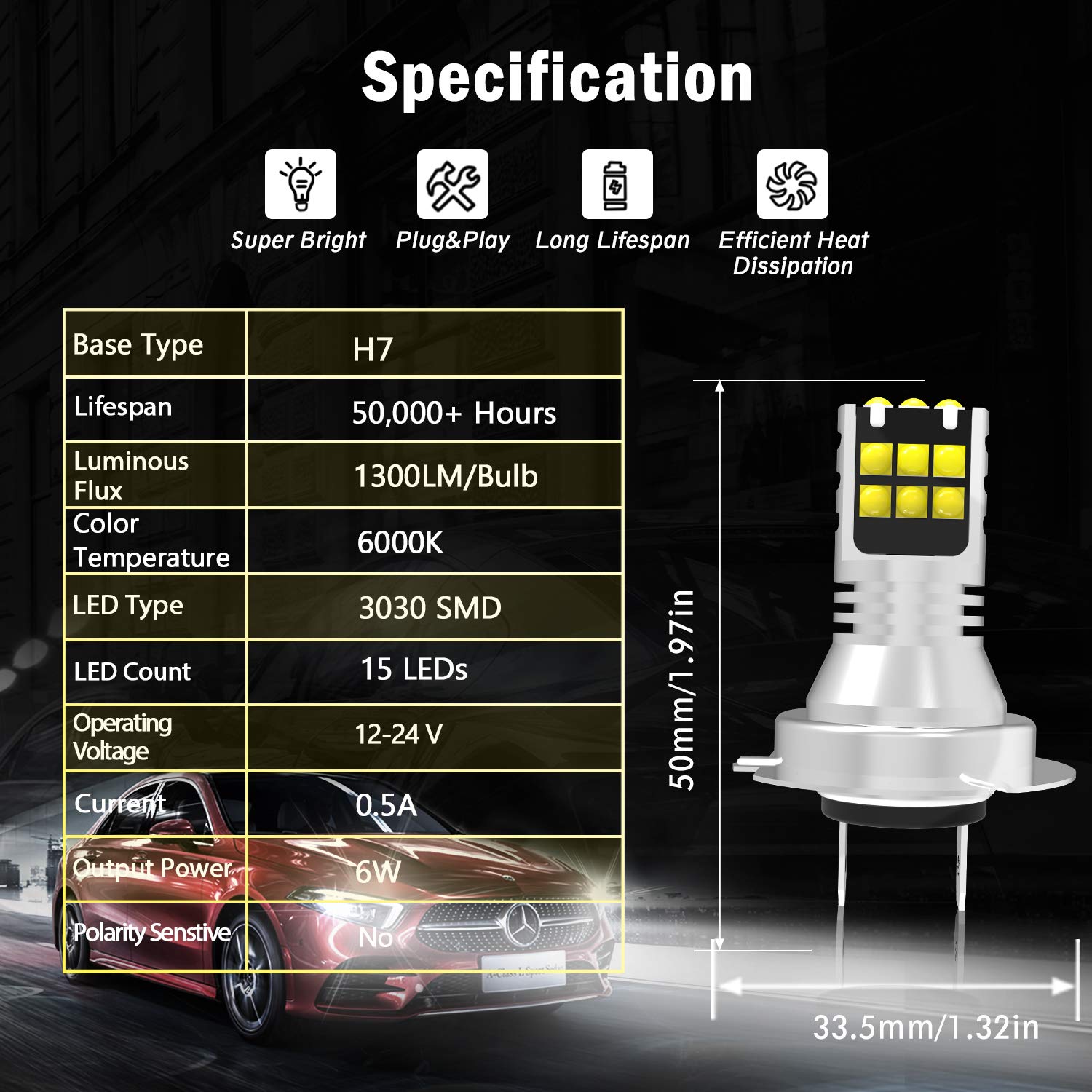 H7 LED Fog Light Bulbs 6000K Xenon White - Super Bright 3030 Chips 64210 LED Bulbs with Projector for Car Fog Lights & DRL (2 Pack) - Perfect for Night Driving, Off-Roading & Enhanced Visibility