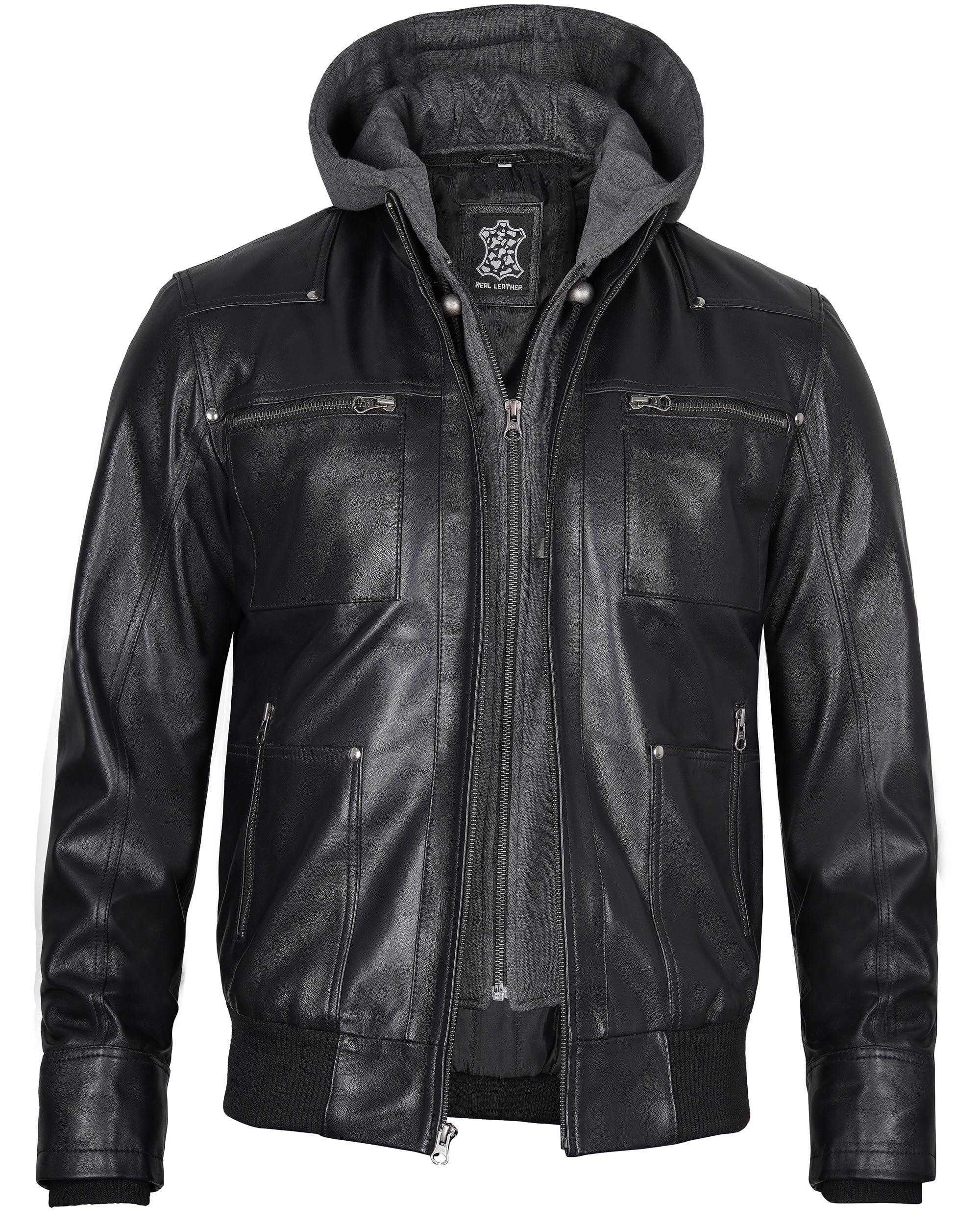 Blingsoul Men's Moto Style Leather Jacket with Removable Hood - Black Genuine Leather Biker Jacket for Men | Perfect for Motorcycle Riding, Casual Outfits & Winter Fashion