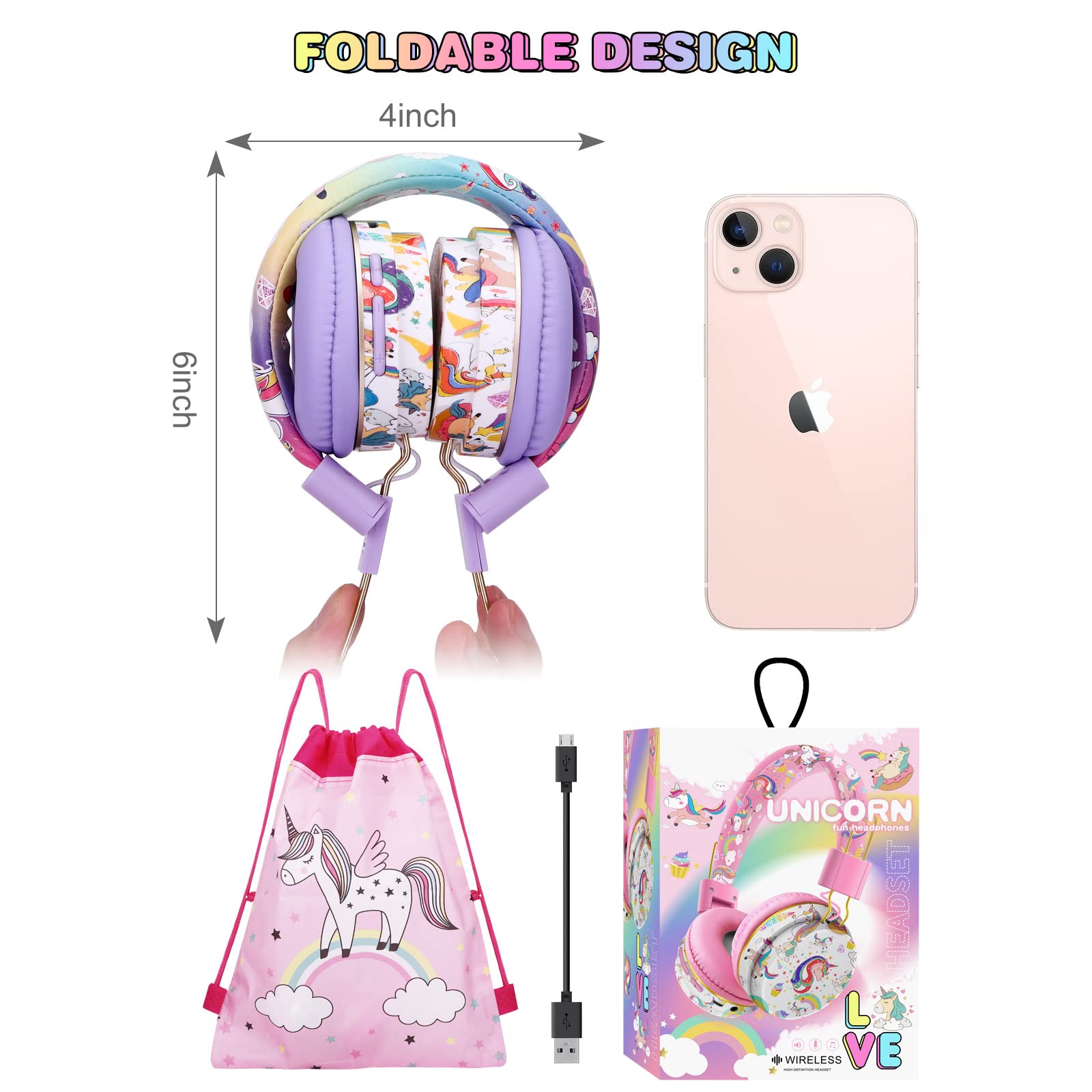 **Wireless Unicorn Headphones for Girls - Bluetooth Kids Headphones with Microphone, Adjustable Over-Ear Toddler Headphones for Ages 2+, Compatible with iPad/Fire Tablet (Purple) - Perfect for School, Travel & Home Learning**