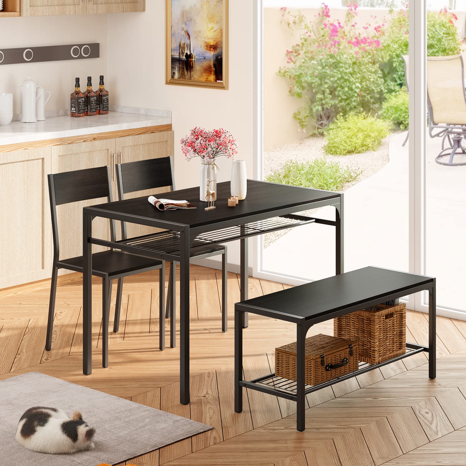 Gizoon 4-Piece Dining Table Set with Bench - Kitchen Table and 2 Chairs for 4 - Space Saving Small Apartment Furniture for Breakfast Nook, Tiny Homes & Compact Living Spaces