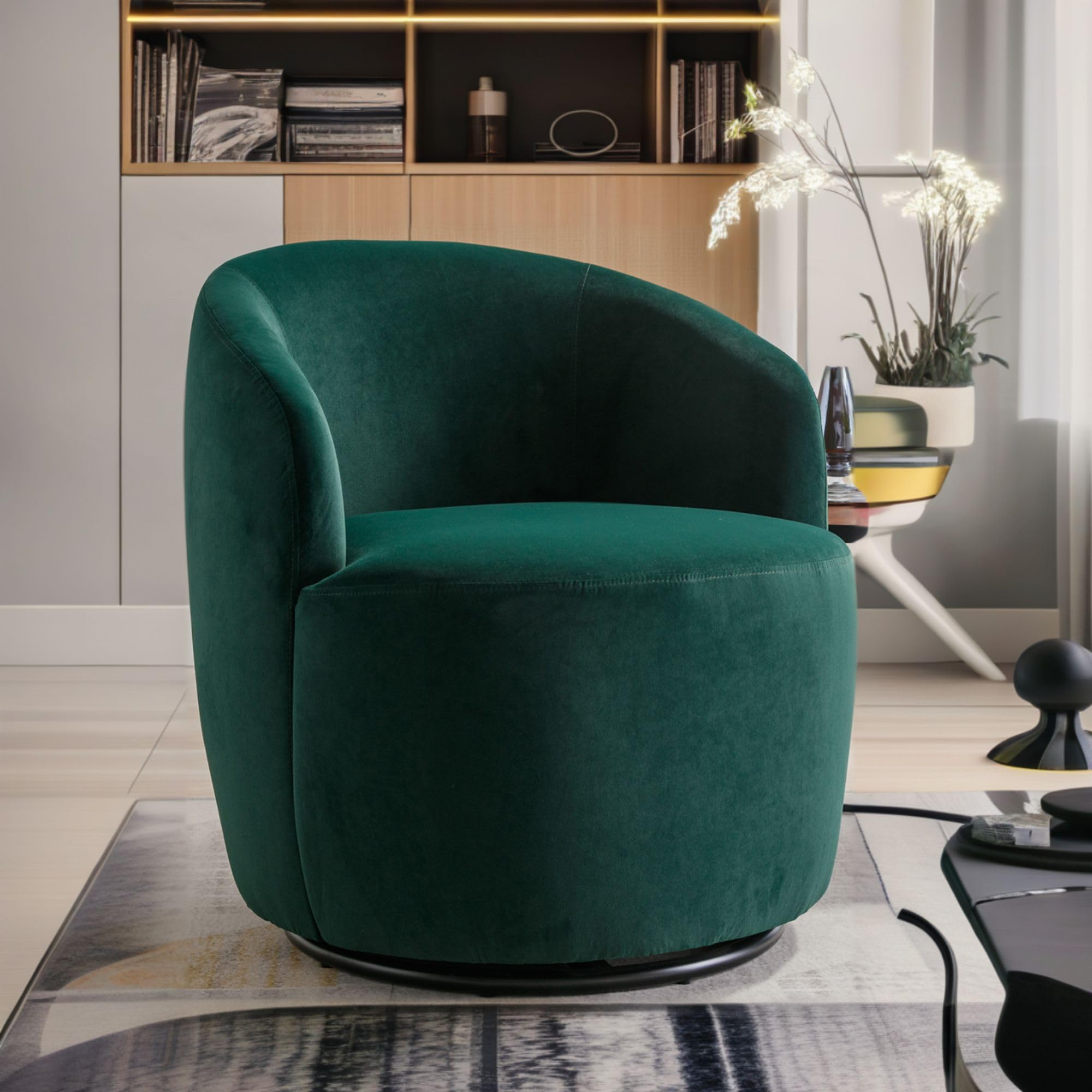 NicBex Velvet Swivel Accent Chair - Upholstered Barrel Armchair with Black Powder-Coated Metal Base for Living Room, Bedroom & Makeup Area | Comfy Green Velvet Fabric, 360-Degree Rotation