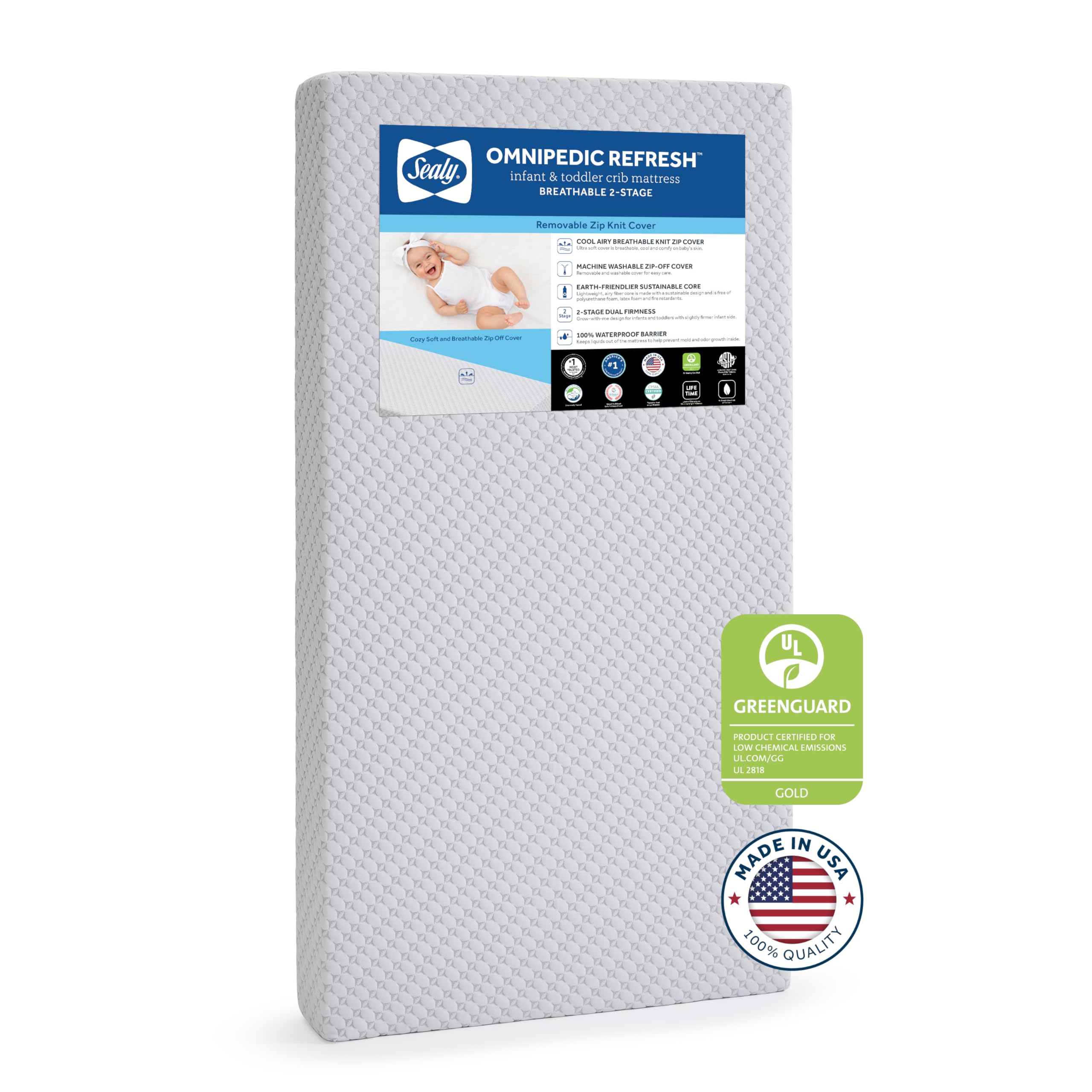 SEALY BABY OmniPedic Refresh Breathable 2-Stage Waterproof Crib & Toddler Mattress | Removable Knit Cover | GREENGUARD Gold Certified | Safety Tested | Made in USA | 52