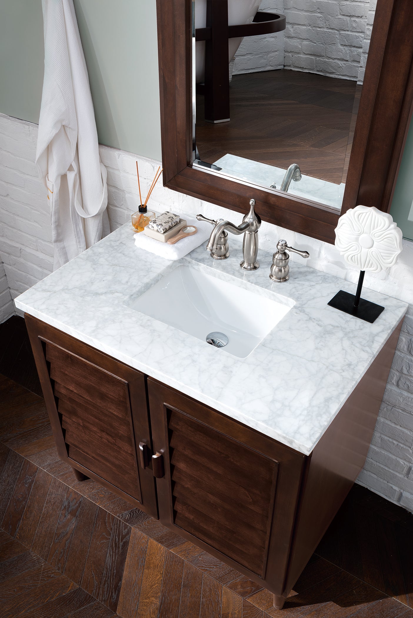 Portland 36 Inch Single Bathroom Vanity with Burnished Mahogany Finish & 3CM Carrara Marble Top - Perfect for Modern Home Bathroom Remodeling and Renovation Projects