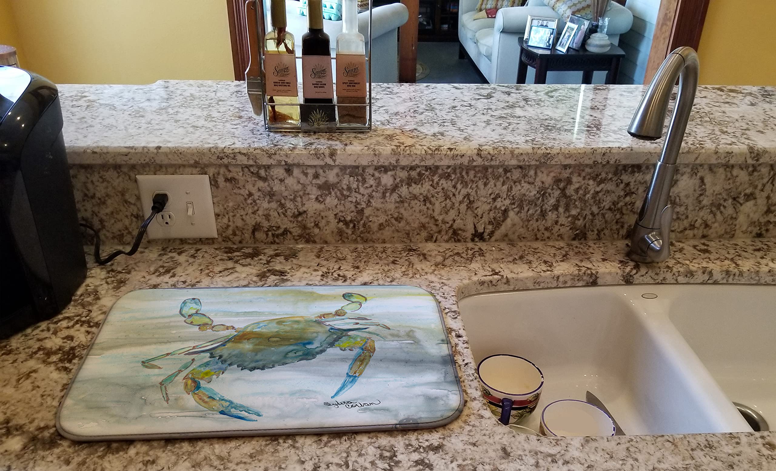 Blue Crab Watercolor Dish Drying Mat - Absorbent Kitchen Counter Mat (14x21