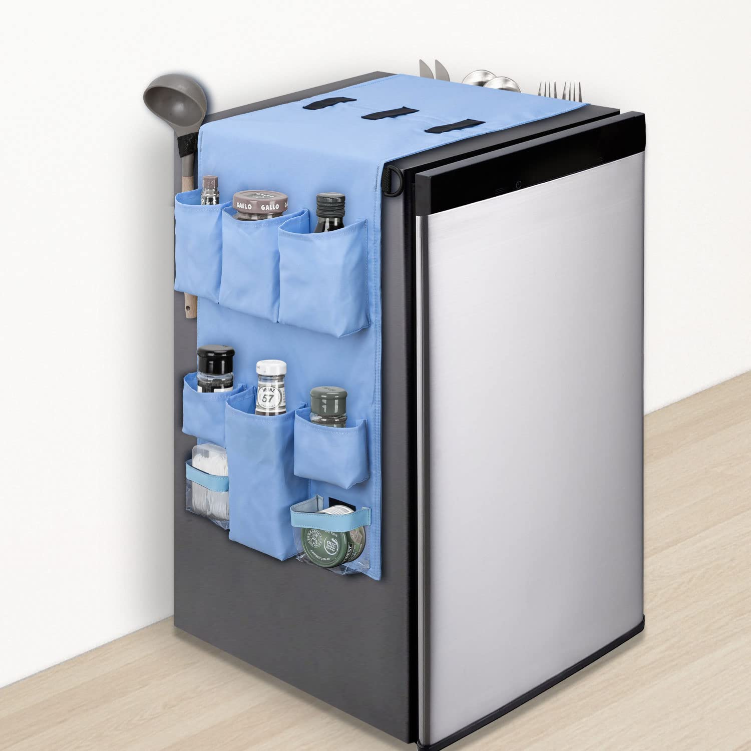 SWISSELITE Mini Fridge Caddy Organizer - 18 Pocket Hanging Storage for Kitchen, Dorm, Office & Home - Waterproof Over the Fridge Organizer for Snacks, Drinks & Spices (Perfect for Small Space Organization)