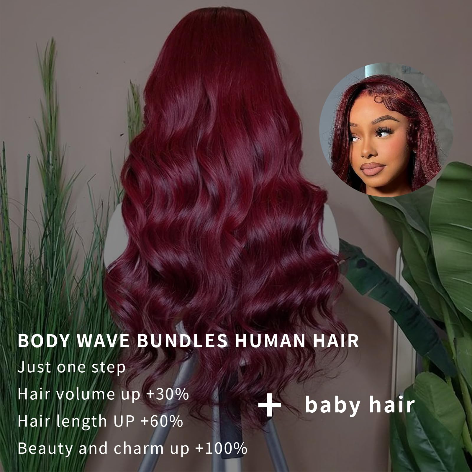 16A 99J Burgundy Body Wave Human Hair Extensions - 22 24 26 Inch Unprocessed Brazilian Virgin Hair Bundles with Baby Hair for Loose Weave | Perfect for Daily Styling, Parties & Special Occasions