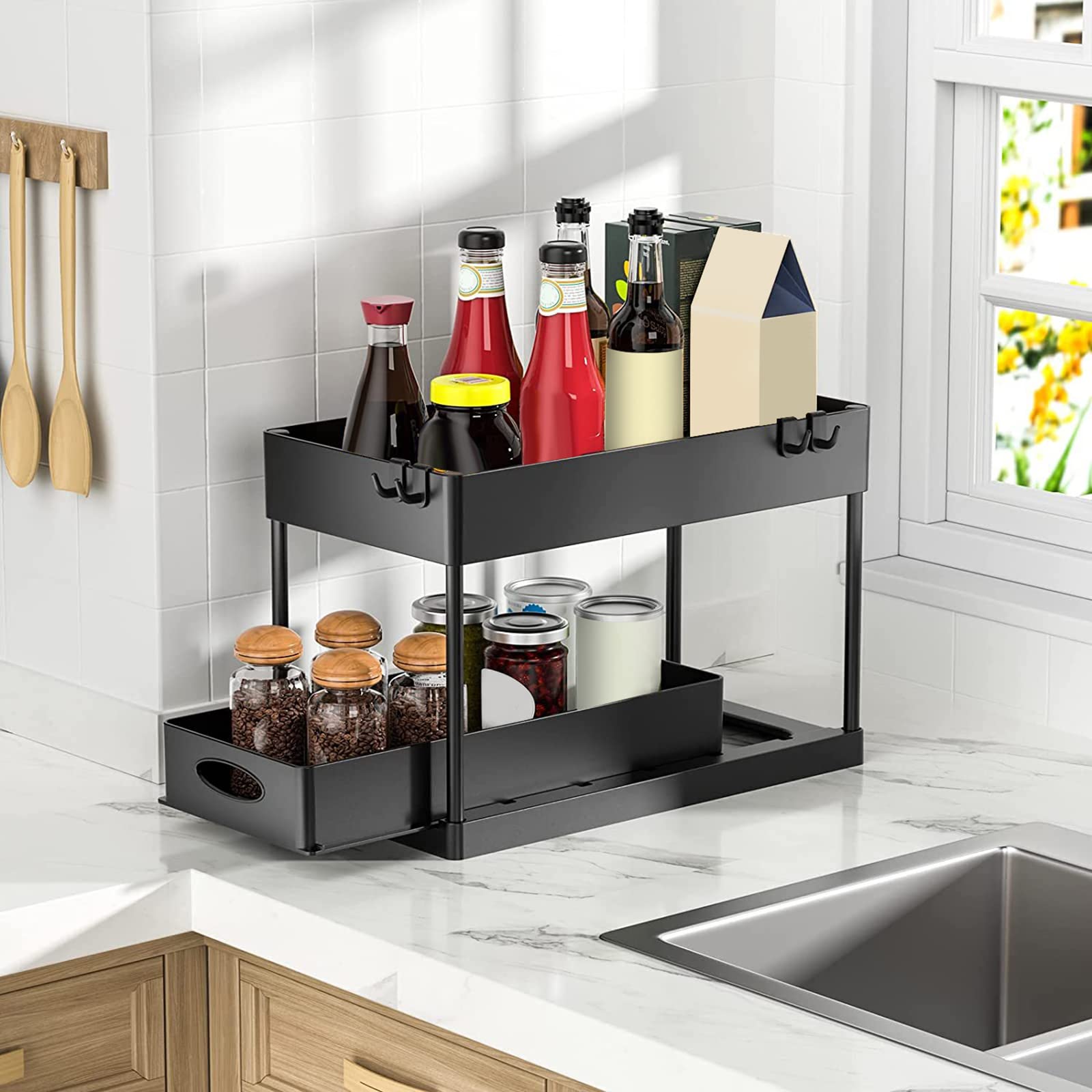 2-Tier Sliding Cabinet Basket Organizer Drawer - Under Sink Storage for Kitchen, Pantry & Bathroom | Space-Saving Organizer for Countertops, Cabinets & Desktops | Perfect for Utensils, Spices & Cleaning Supplies