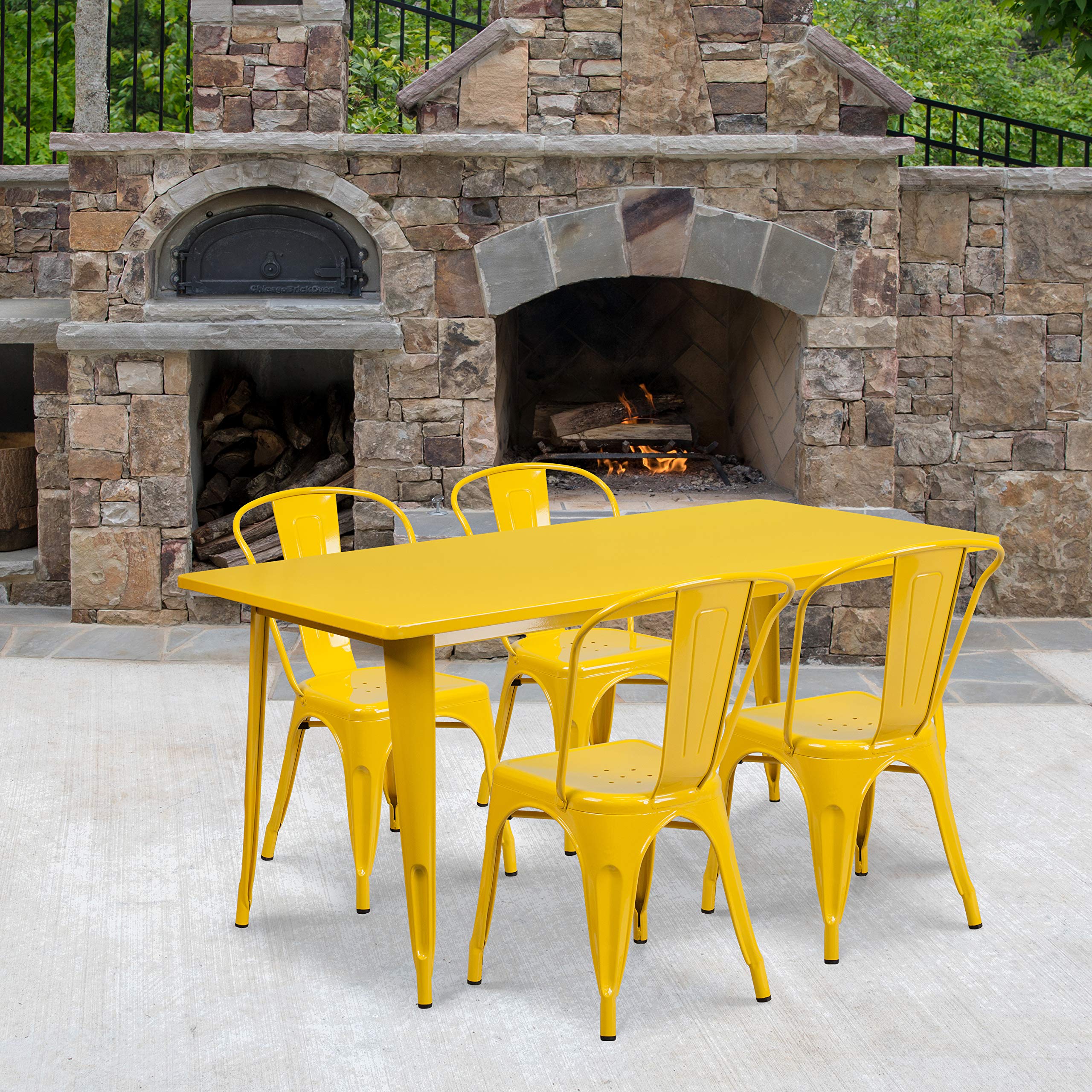 EMMA + OLIVER 4-Piece Commercial Metal Dining Set - Yellow Rectangular Indoor/Outdoor Table with Stackable Chairs for Restaurants, Cafes & Patios