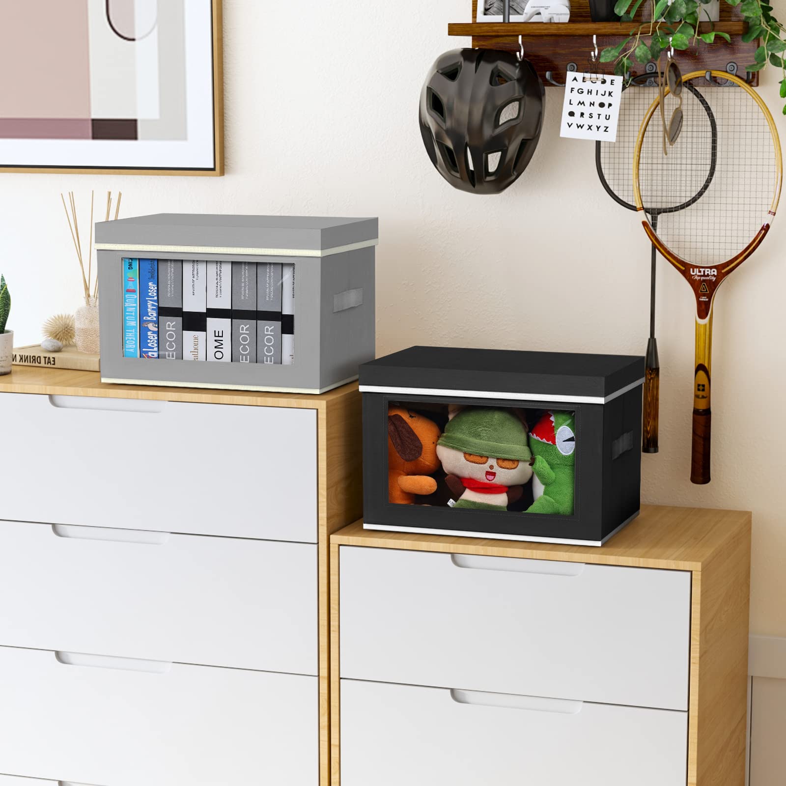 Clear Cube Storage Bins with Lids & See-Through Windows - Fabric Organizer Baskets for Shelves, Closet, Wardrobe & Bathroom - Perfect for Storing Clothes, Towels, Toys & Home Organization (Set of 6) - Ideal for Bedroom, Nursery & Laundry Room Storage Solutions