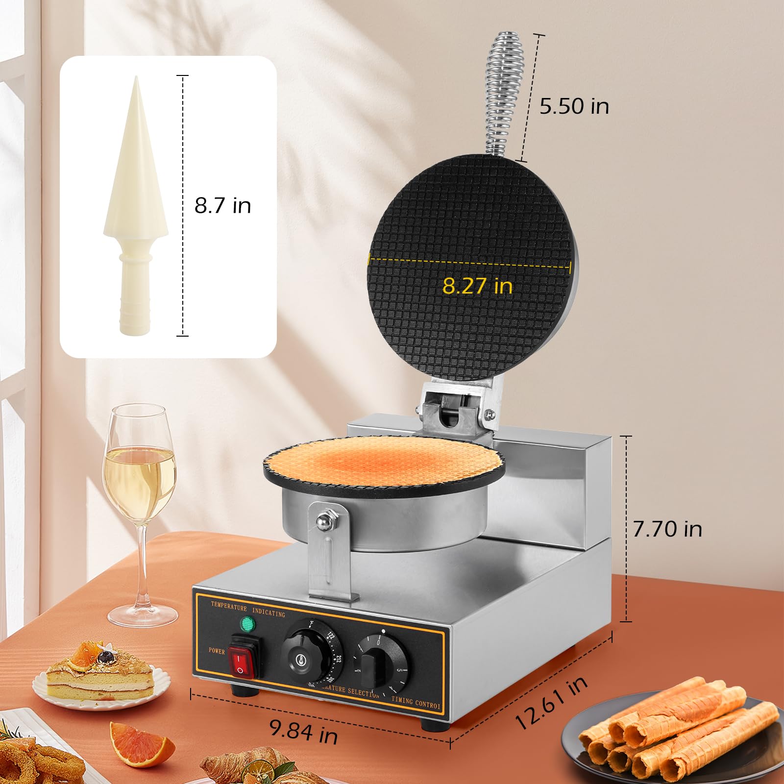 Dyna-Living Commercial Ice Cream Cone Maker – 110V Electric Waffle Cone & Bowl Machine, Stainless Steel Non-Stick Egg Roll Mold – 1200W for Home, Restaurants, Bakeries, and Ice Cream Shops