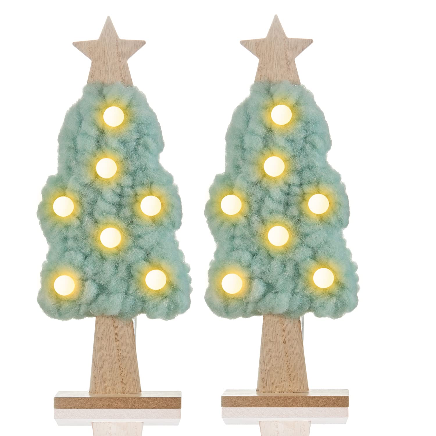 Handmade Farmhouse Mini Christmas Tree with Lights - Set of 2 Small Tabletop Xmas Trees, Wool & Wood Decor for Holiday Home, Office, and Party Decorations