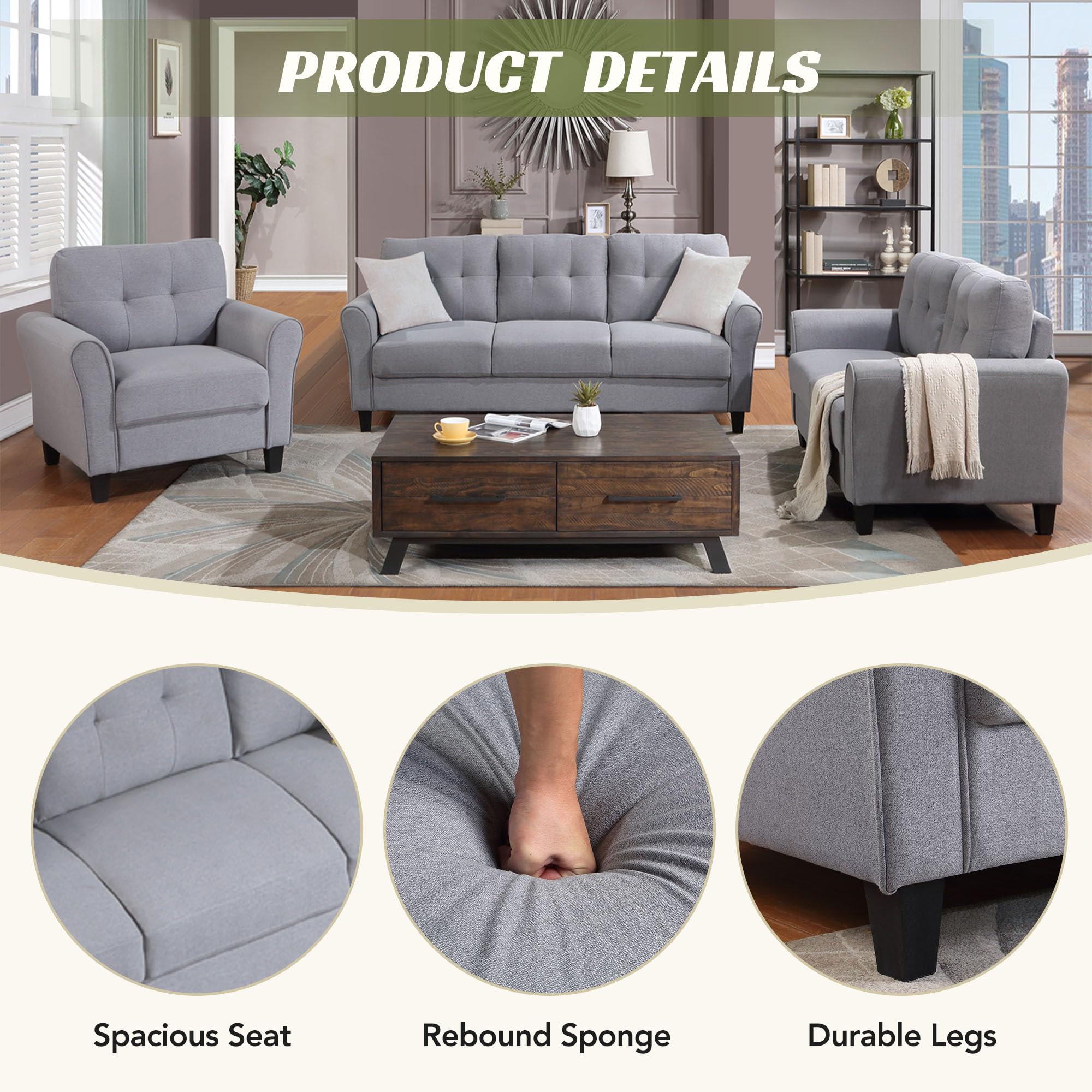 Harper & Bright Designs 3-Piece Modern Sectional Sofa Set with Button Tufted Linen Upholstery - Light Grey-Blue Armchair, Loveseat & 3-Seater Sofa for Living Room, Apartment & Lounge Comfort